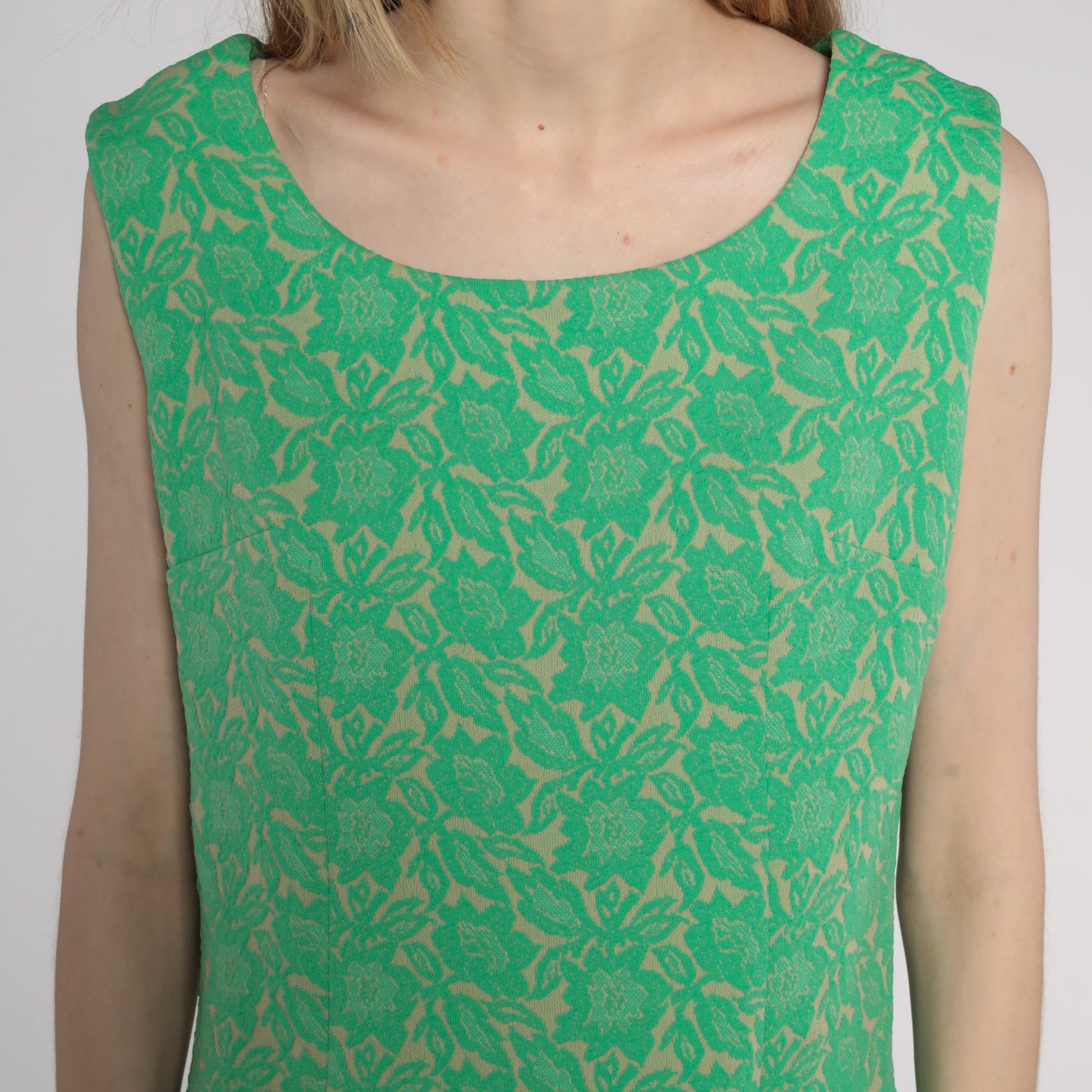 60s Floral Mini Dress Green Drop Waist Pleated Sleeveless Mod Medium Large
