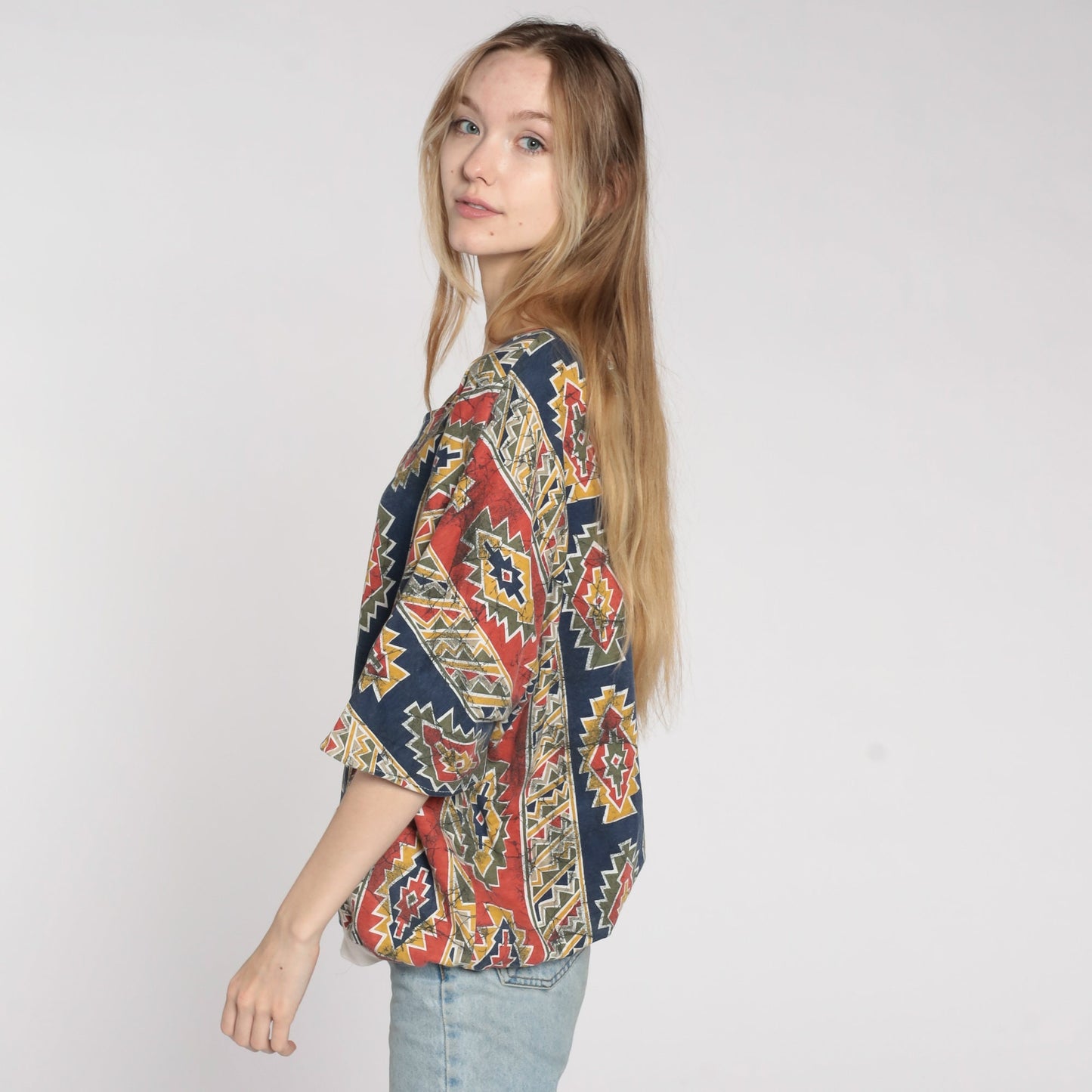 90s Southwestern Aztec Print Button Up Blouse Blue Red Striped Plus Size XXL