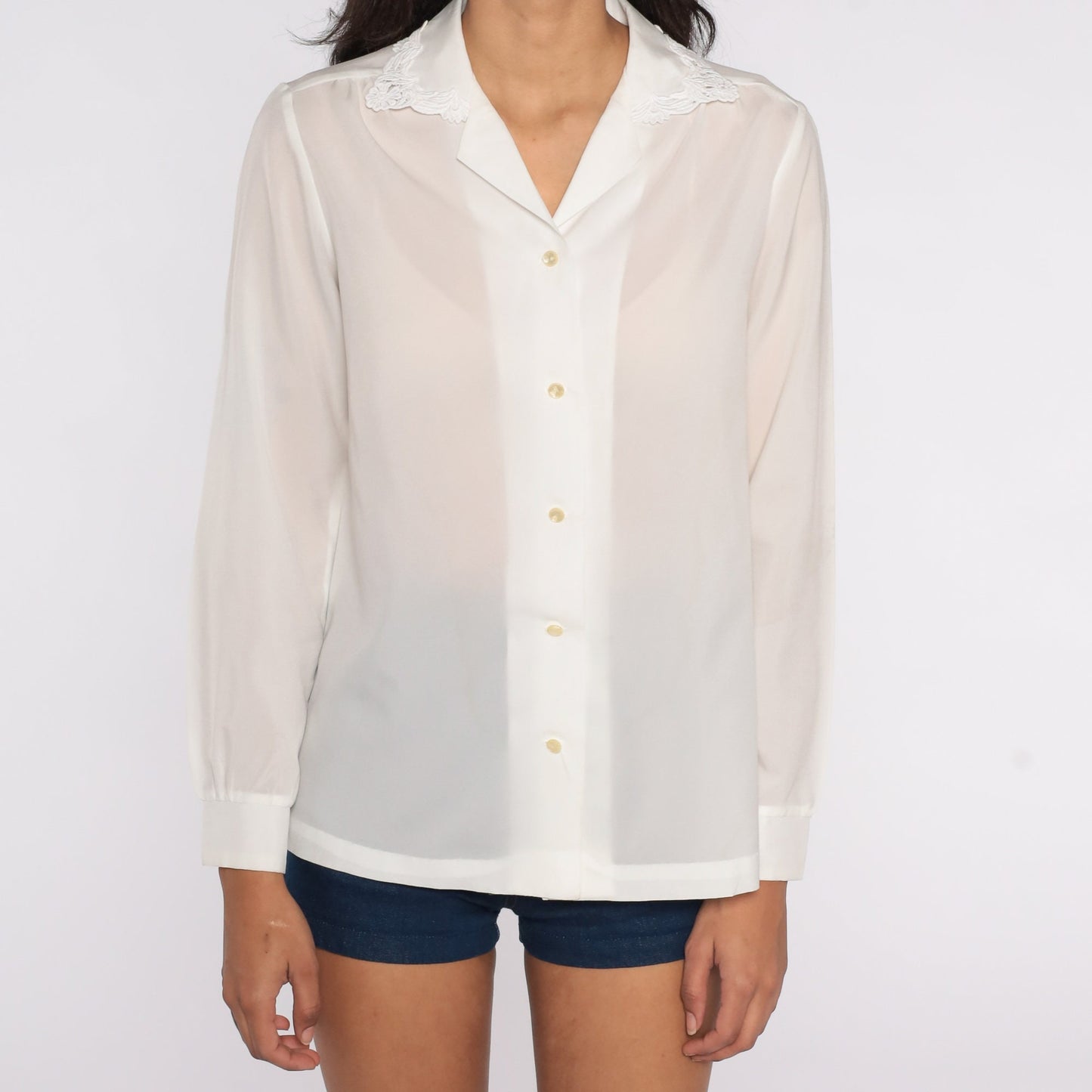 80s Semi-Sheer White Button-Up Blouse Lace Collar Long Sleeve Medium