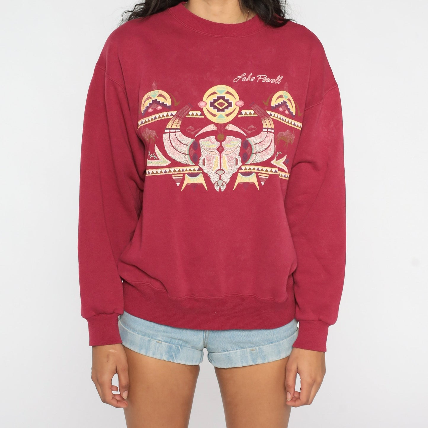 90s Lake Powell Arizona Utah Sweatshirt Red Buffalo Skull Graphic Large