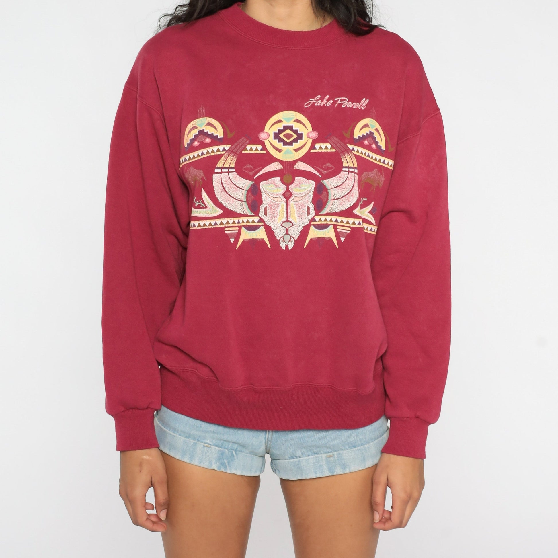 90s Lake Powell Arizona Utah Sweatshirt Red Buffalo Skull Graphic Large