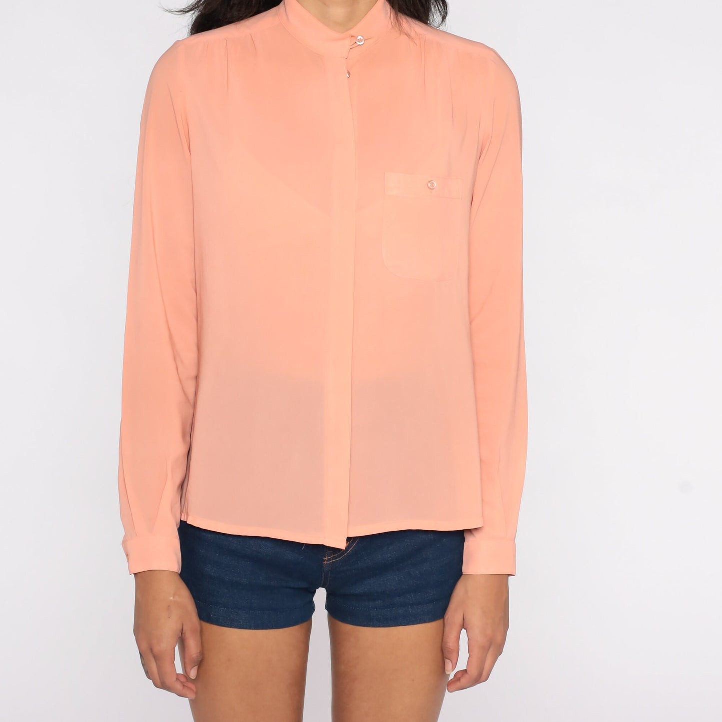 80s Peach Chiffon Blouse Long Sleeve Button Up Sheer Collar Small