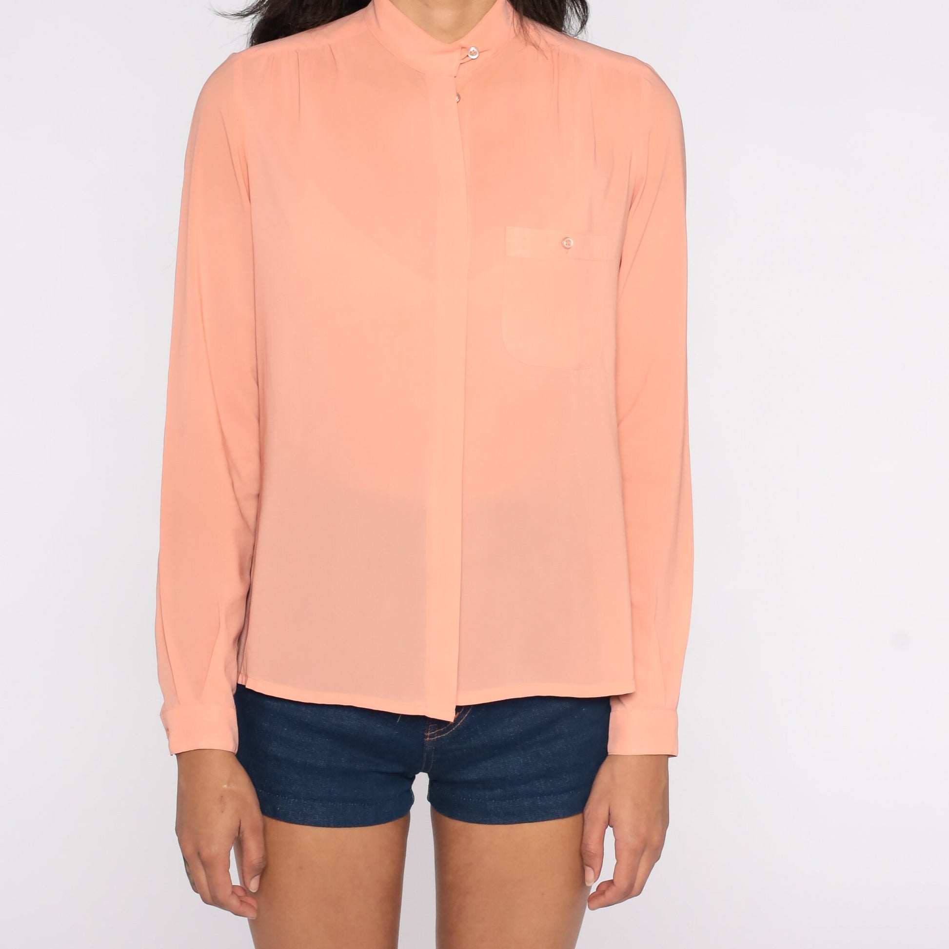 80s Peach Chiffon Blouse Long Sleeve Button Up Sheer Collar Small