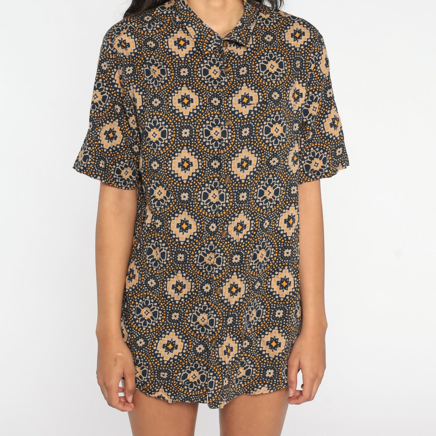 90s Geometric Floral Button Up Blouse Blue Orange Short Sleeve Extra Large XL