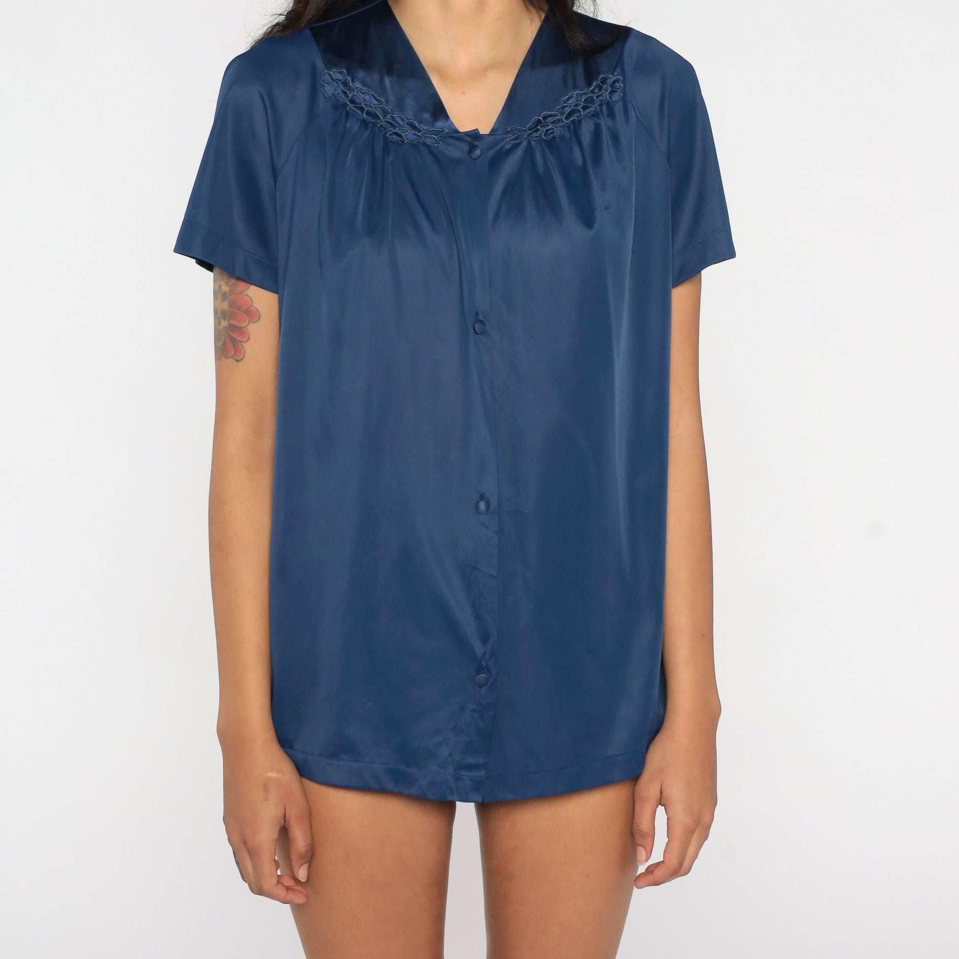 80s Navy Floral Embroidered Pajama Top Button-Up Lingerie Shirt Large L