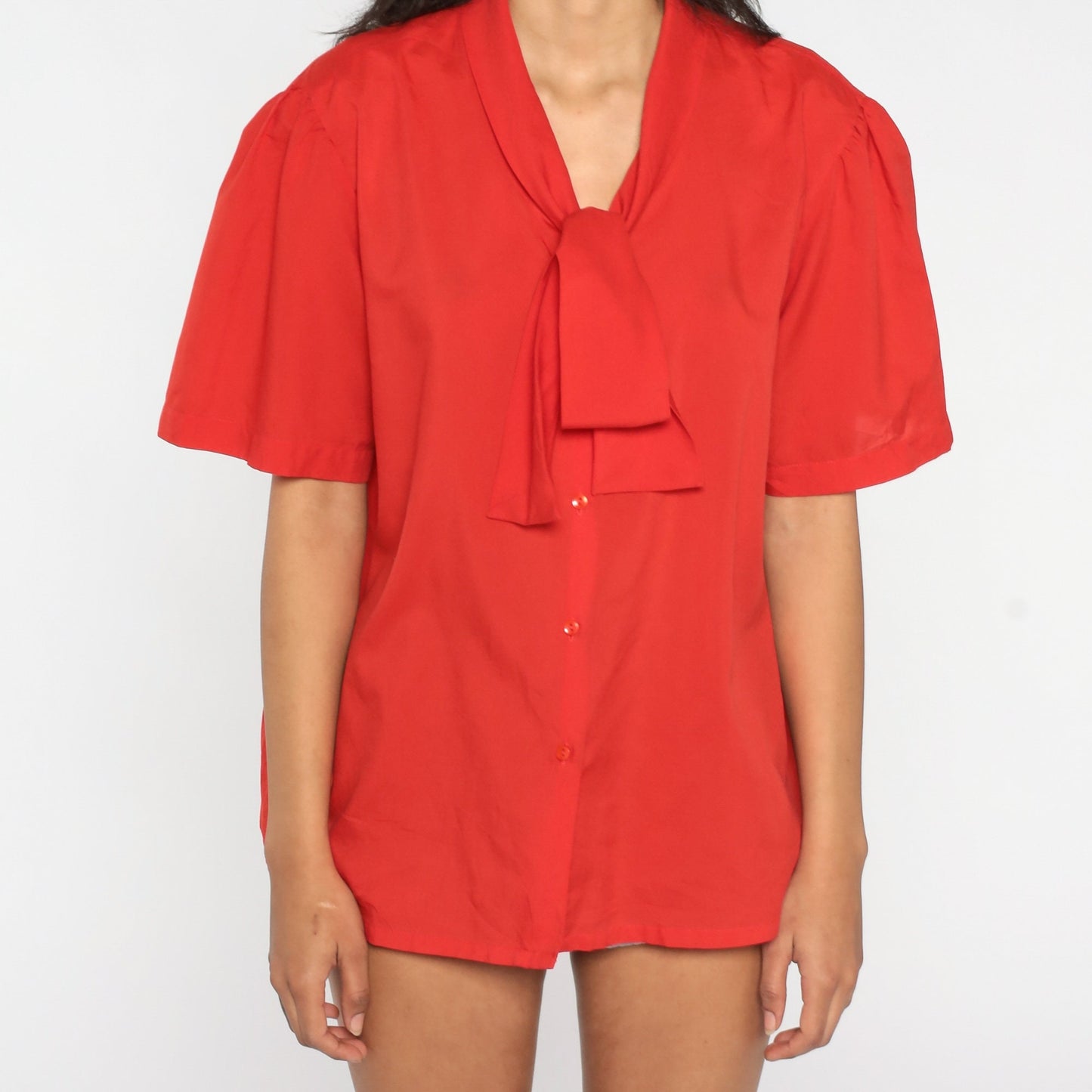 80s Red Ascot Bow Blouse Button-Up Secretary Shirt Puff Sleeve Extra Extra Large XXL