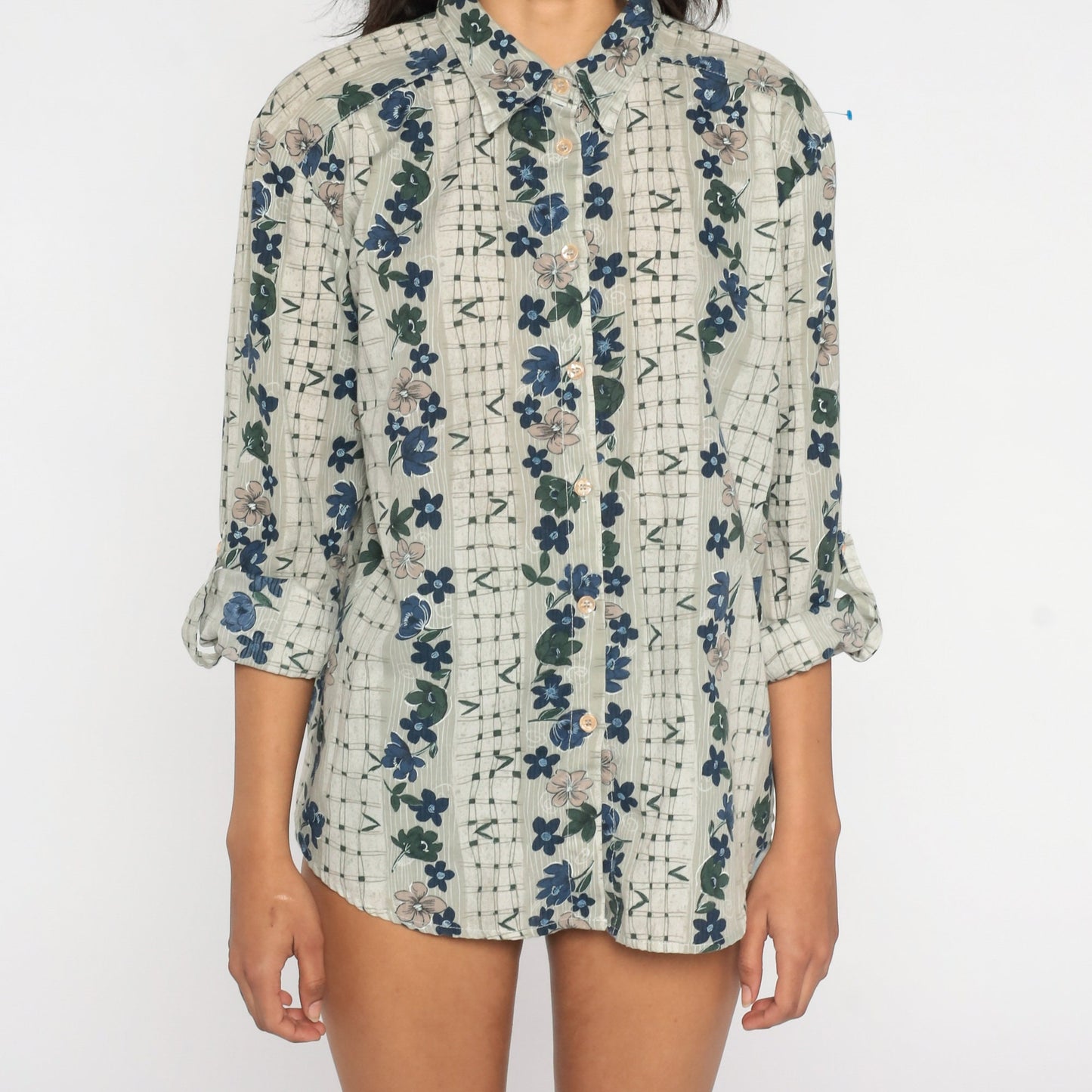 90s Floral Checkered Button-Up Blouse Grey Cuffed Sleeve Large L