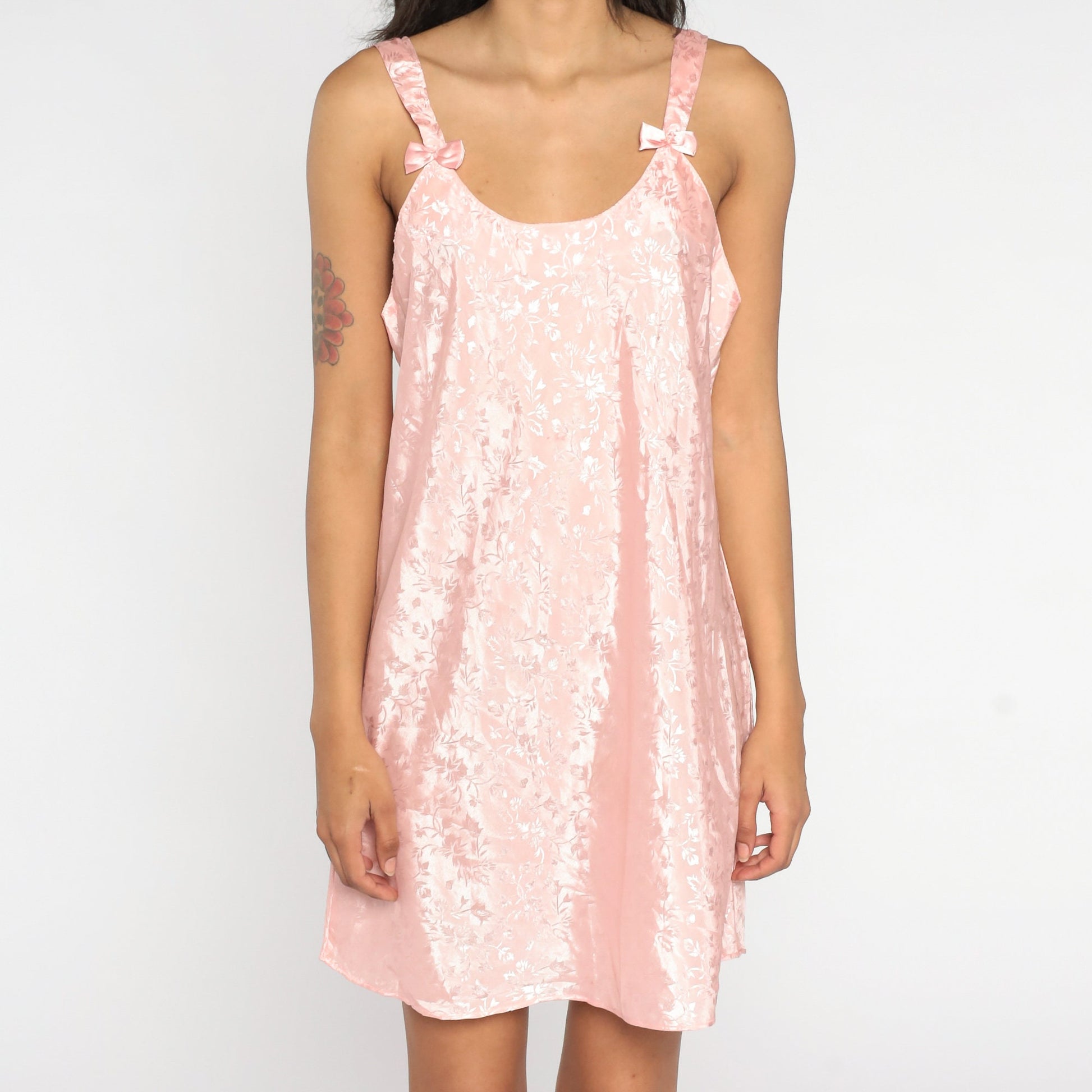 90s Baby Pink Slip Dress Floral Embossed Nightgown Bows Mini Medium