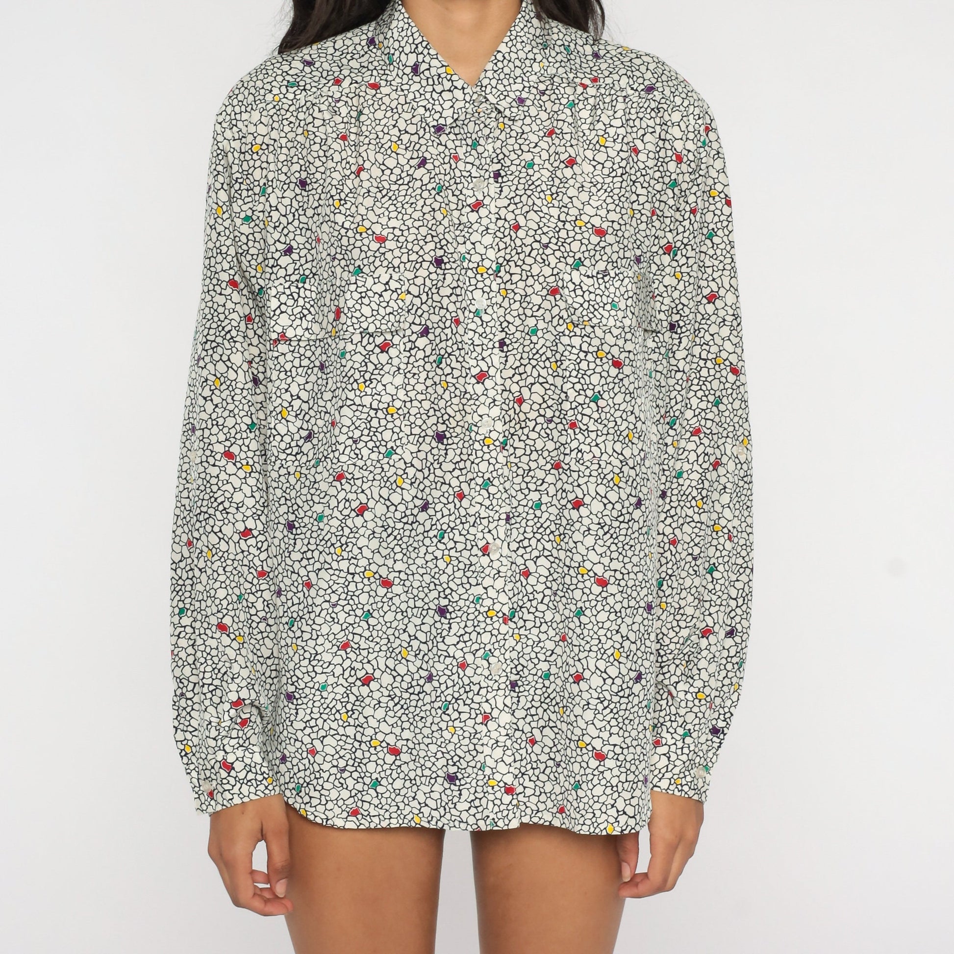 80s Abstract Pebble Print Button-Up Blouse Black White Dots Long Sleeve Extra Large