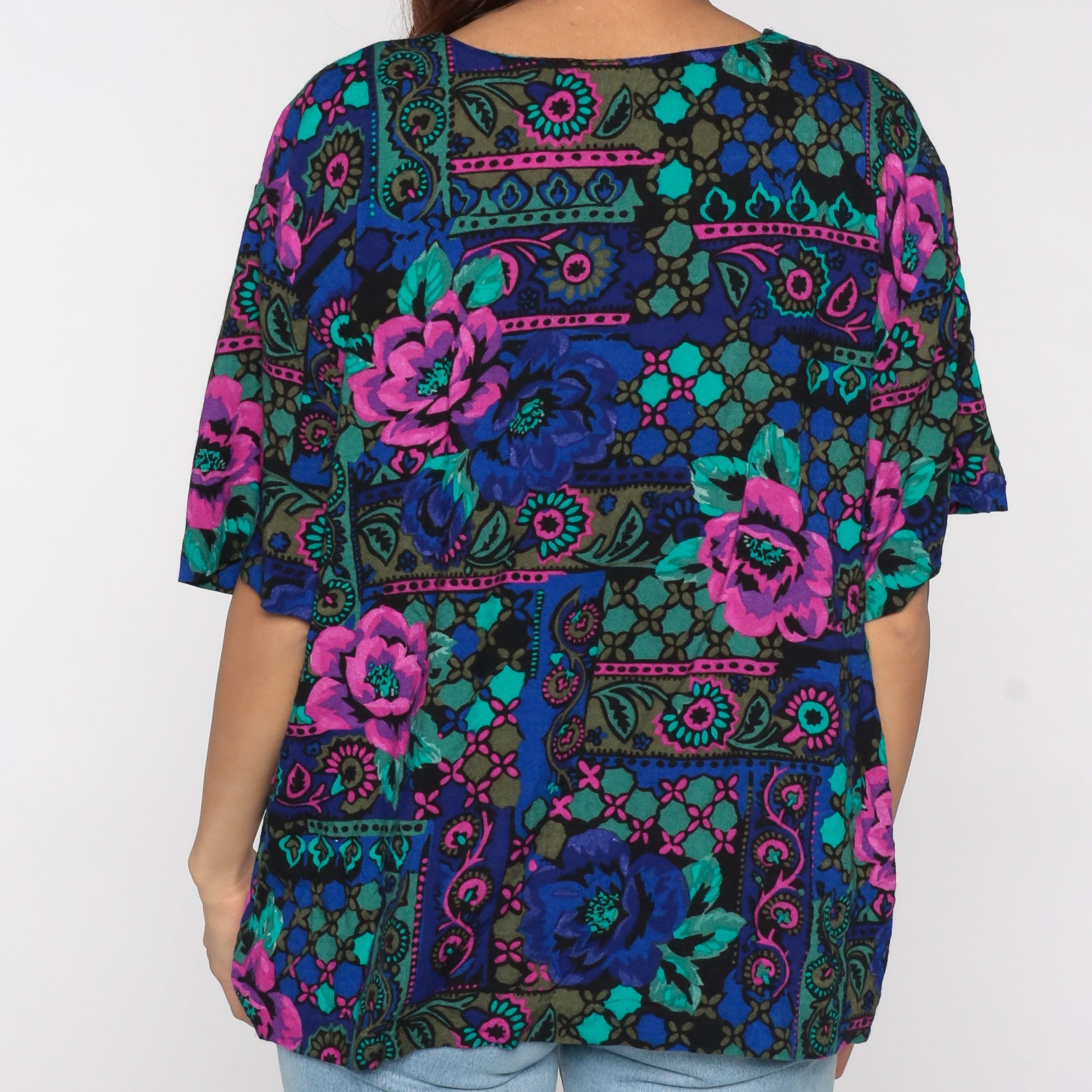 90s Geometric Floral Print Blouse Short Sleeve V-Neck Multicolor Large