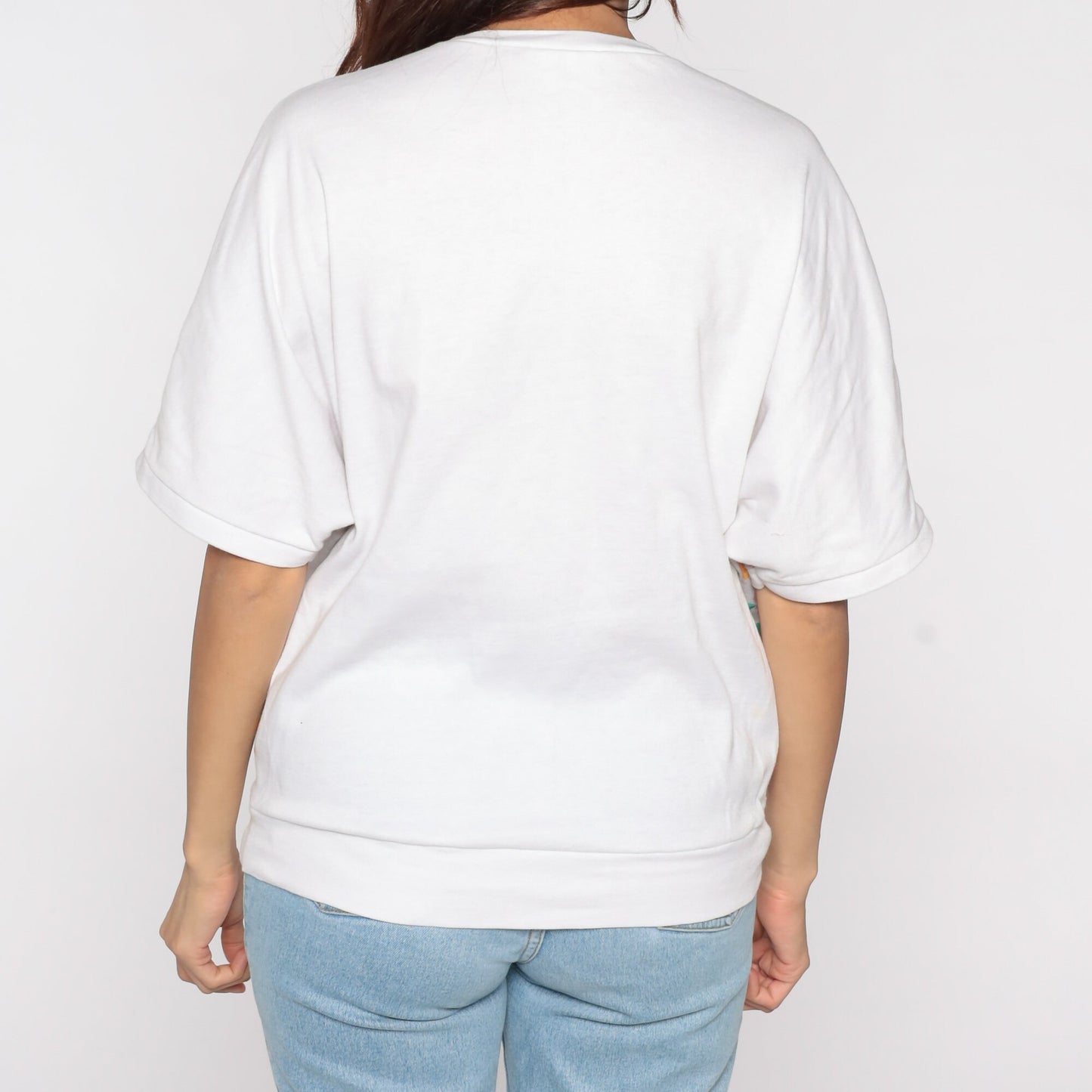 80s Floral Colour Block Top White Red Stripe Short Sleeve Crewneck Medium