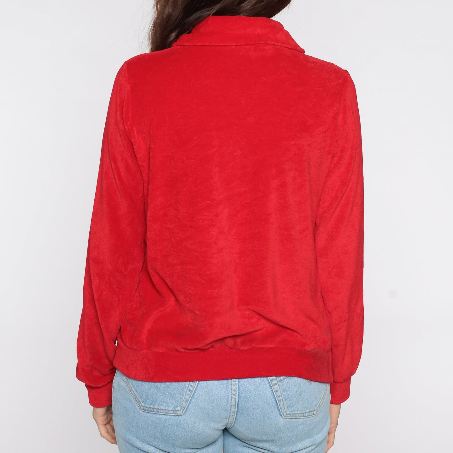 80s Wrangler Terry Cloth Quarter Zip Polo Red Long Sleeve Medium
