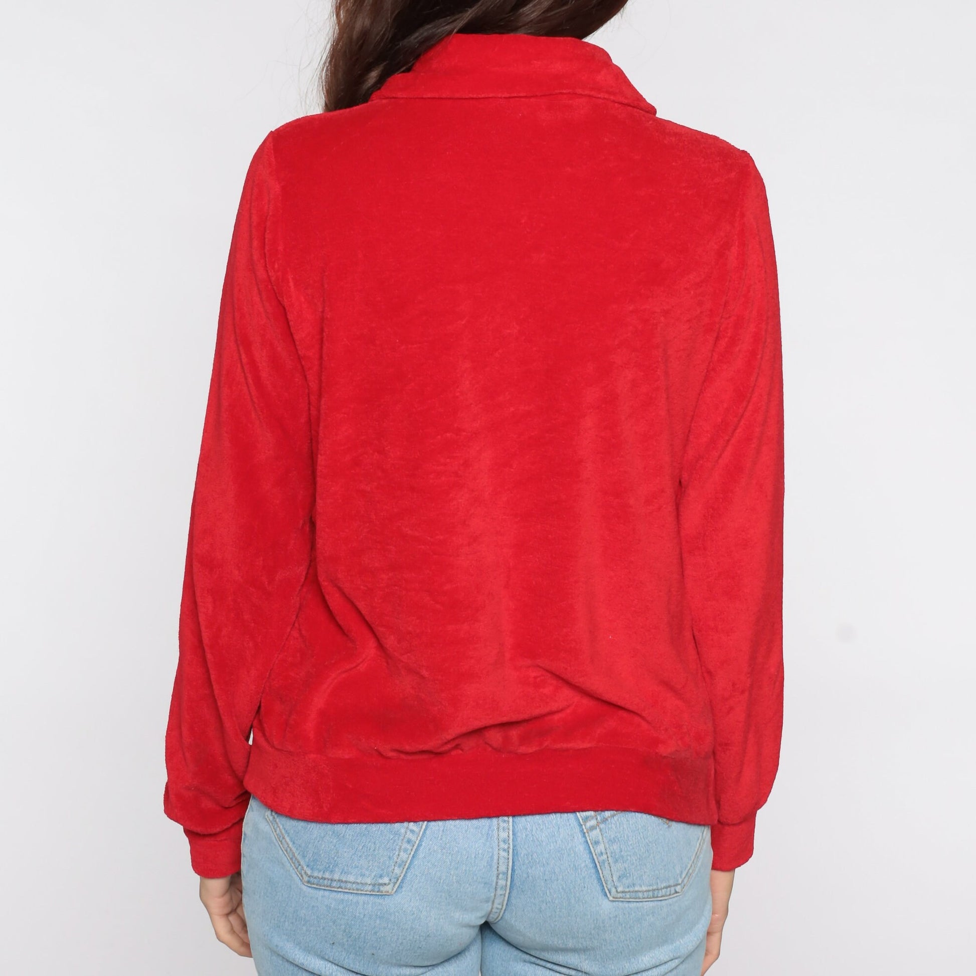 80s Wrangler Terry Cloth Quarter Zip Polo Red Long Sleeve Medium