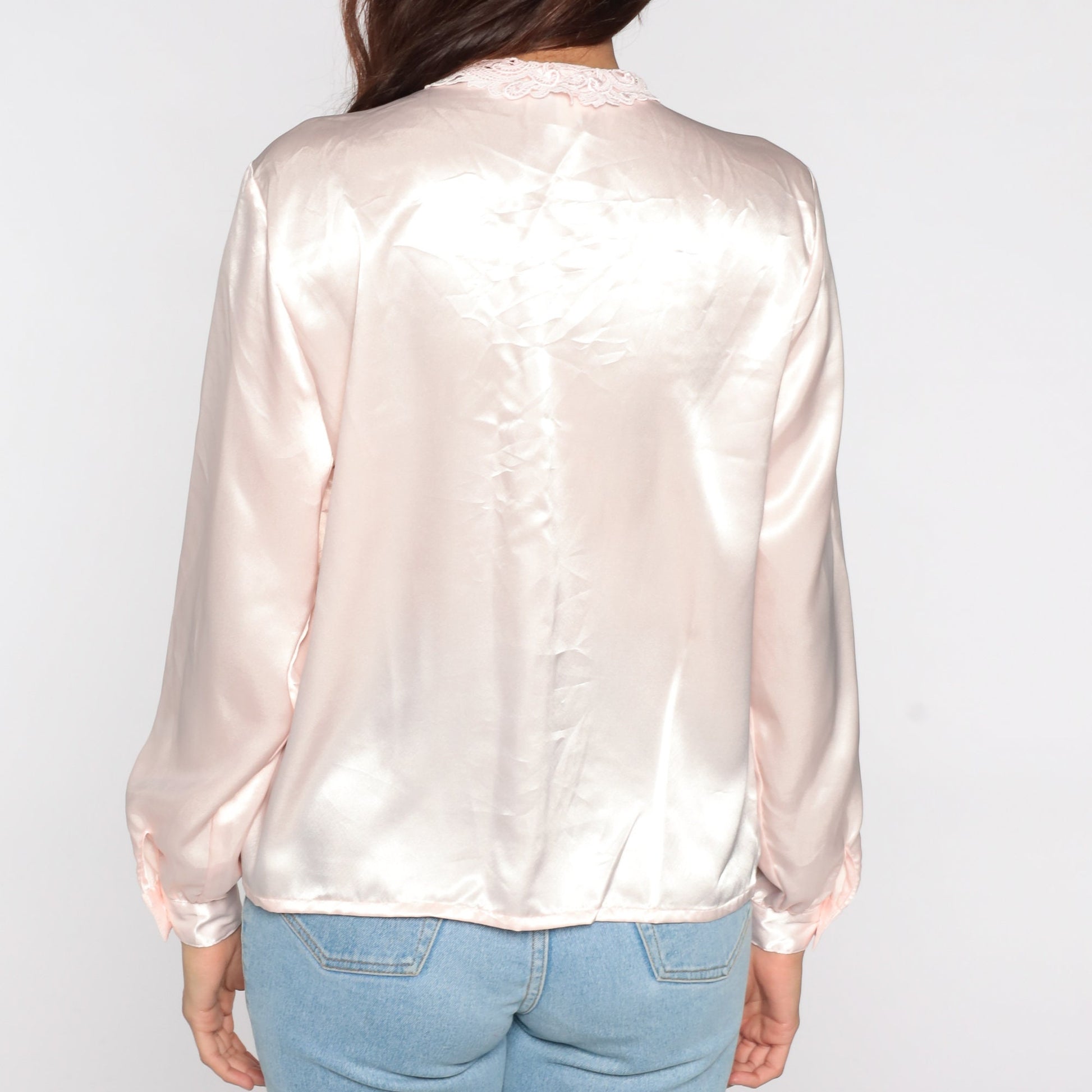 80s Baby Pink Satin Blouse Lace Collar Button Up Long Sleeve Medium