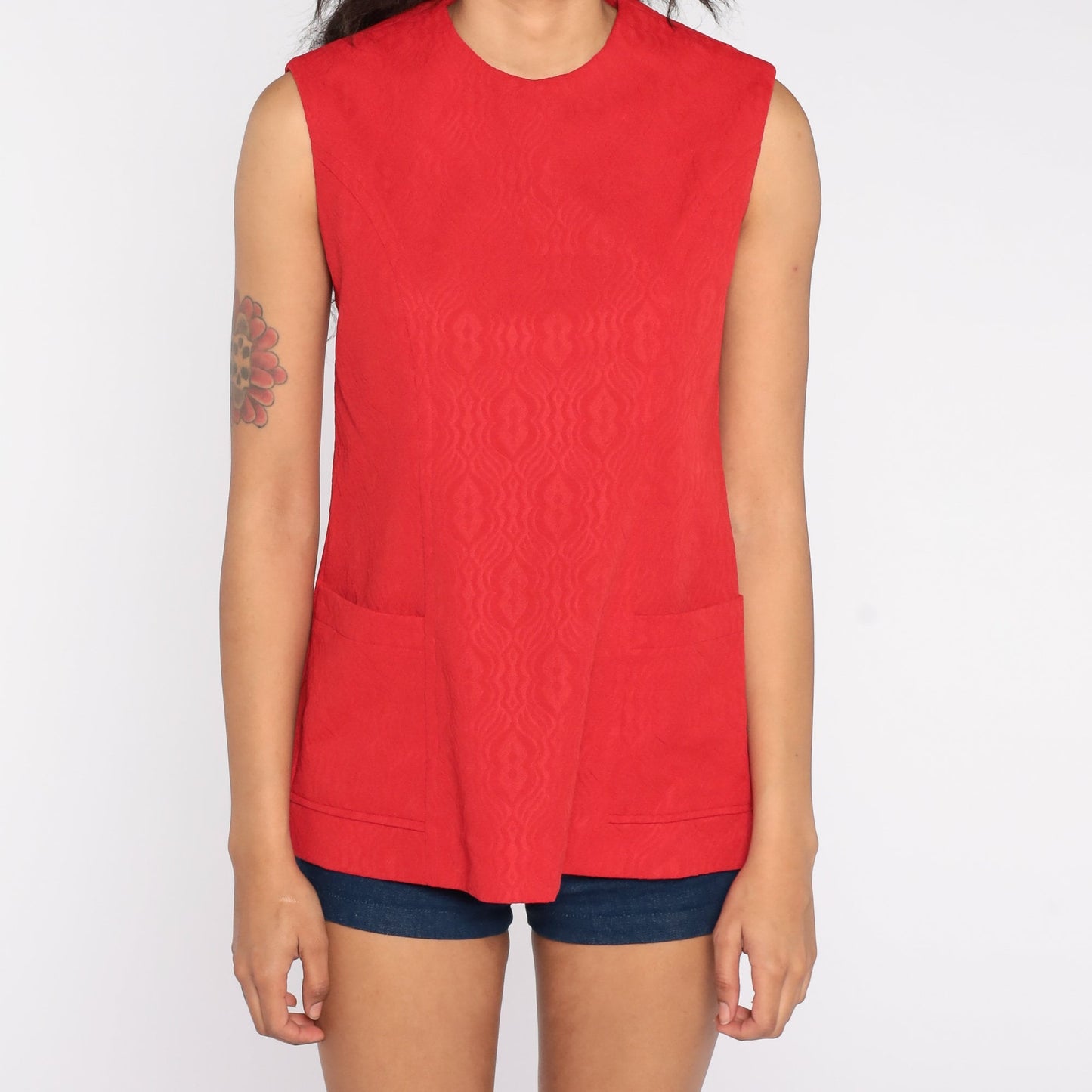 70s Red Geometric Embossed Tank Top Pocket Sleeveless Blouse Small