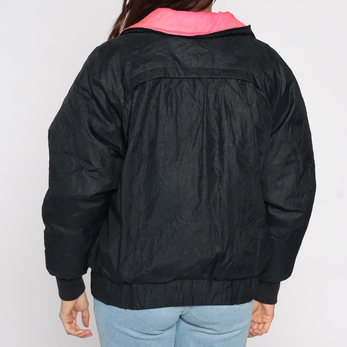 80s Obermeyer Black Puffer Ski Jacket Neon Pink Trim Medium