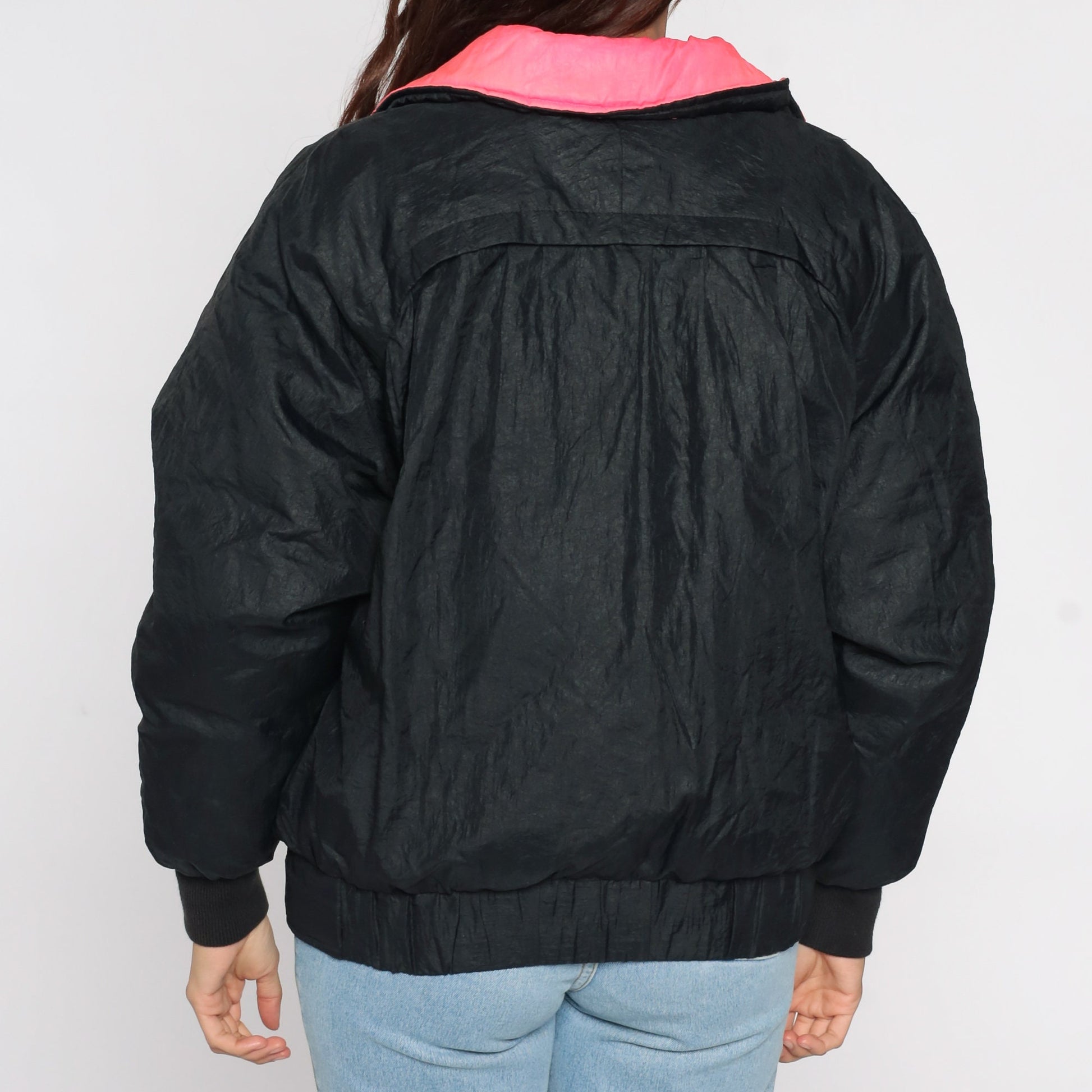 80s Obermeyer Black Puffer Ski Jacket Neon Pink Trim Medium