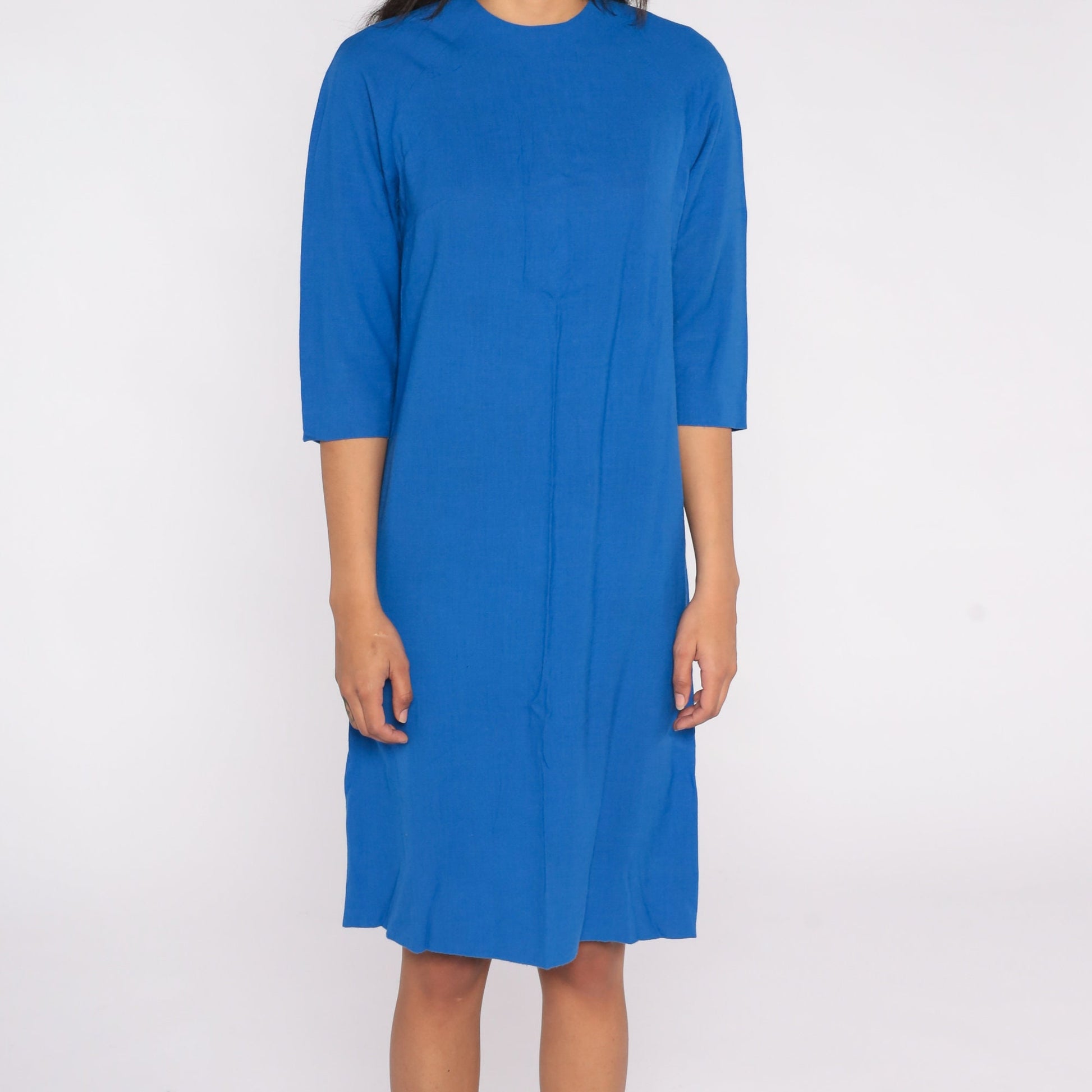 70s Blue Shift Dress Midi Length Raglan Sleeve Medium