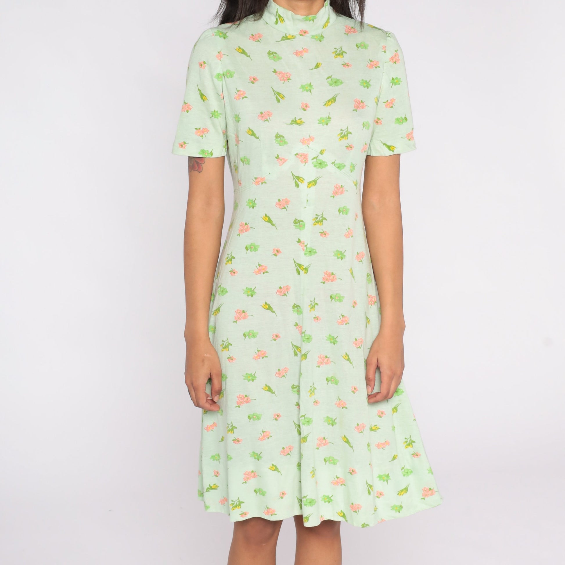60s Green Floral Empire Waist Midi Dress Short Sleeve Small Medium
