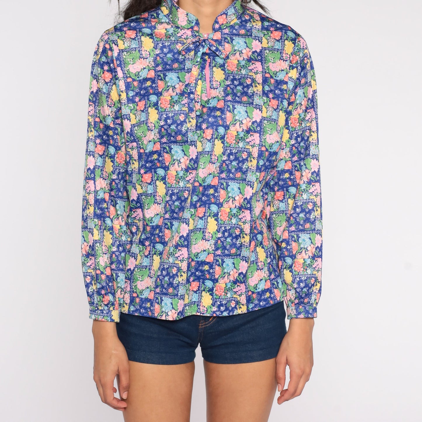 70s Blue Floral Mandarin Collar Shirt Bow Neck Long Sleeve Large