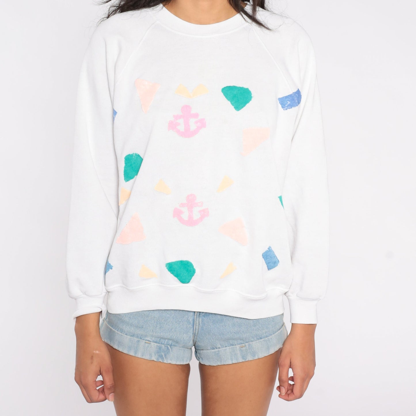 80s Hand Painted Anchor Raglan Sweatshirt White Nautical Graphic Large