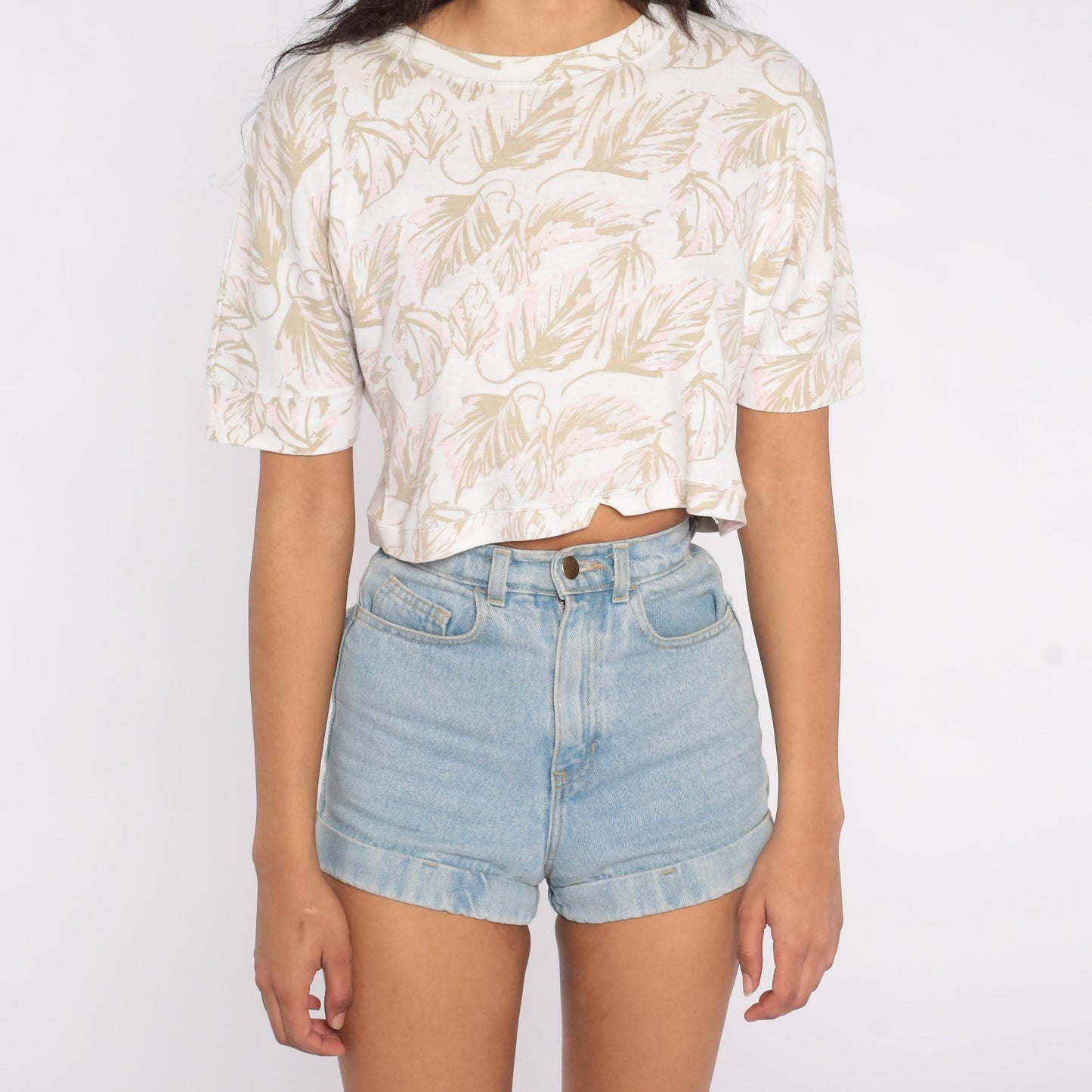 90s Leaf Print Crop Top White Cotton T-Shirt Small S