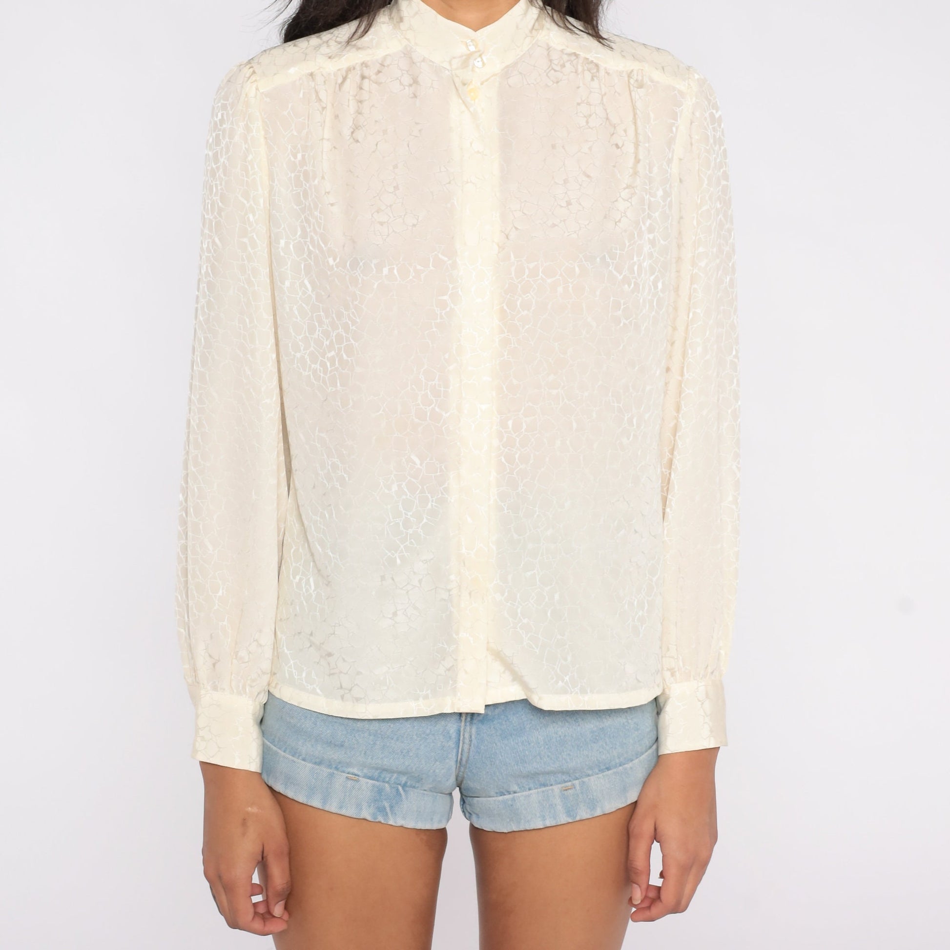 90s Pendleton Cream Button-Up Blouse Mandarin Collar Long Sleeve Medium