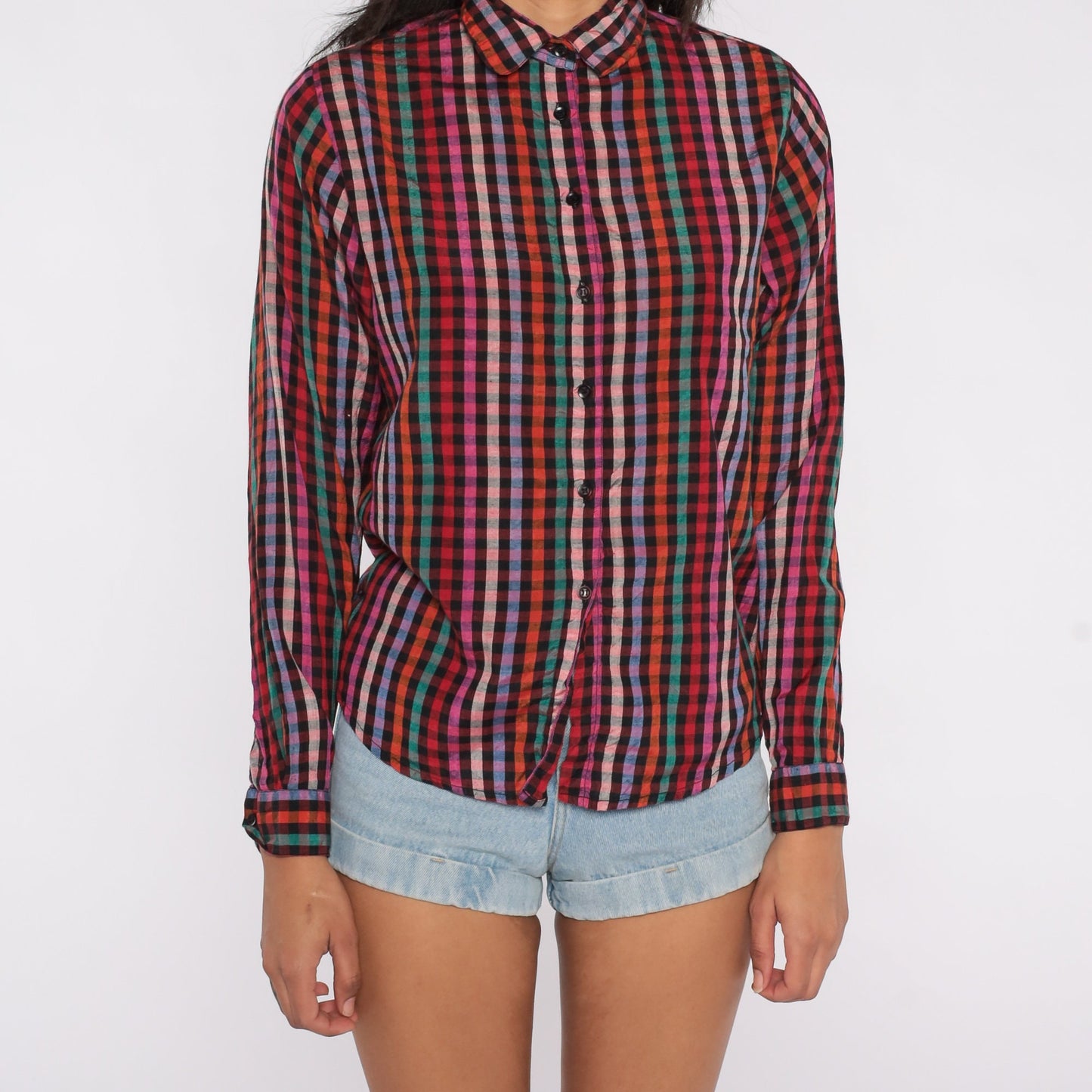 80s Rainbow Checkered Silk Button-Up Blouse Long Sleeve Collared Medium