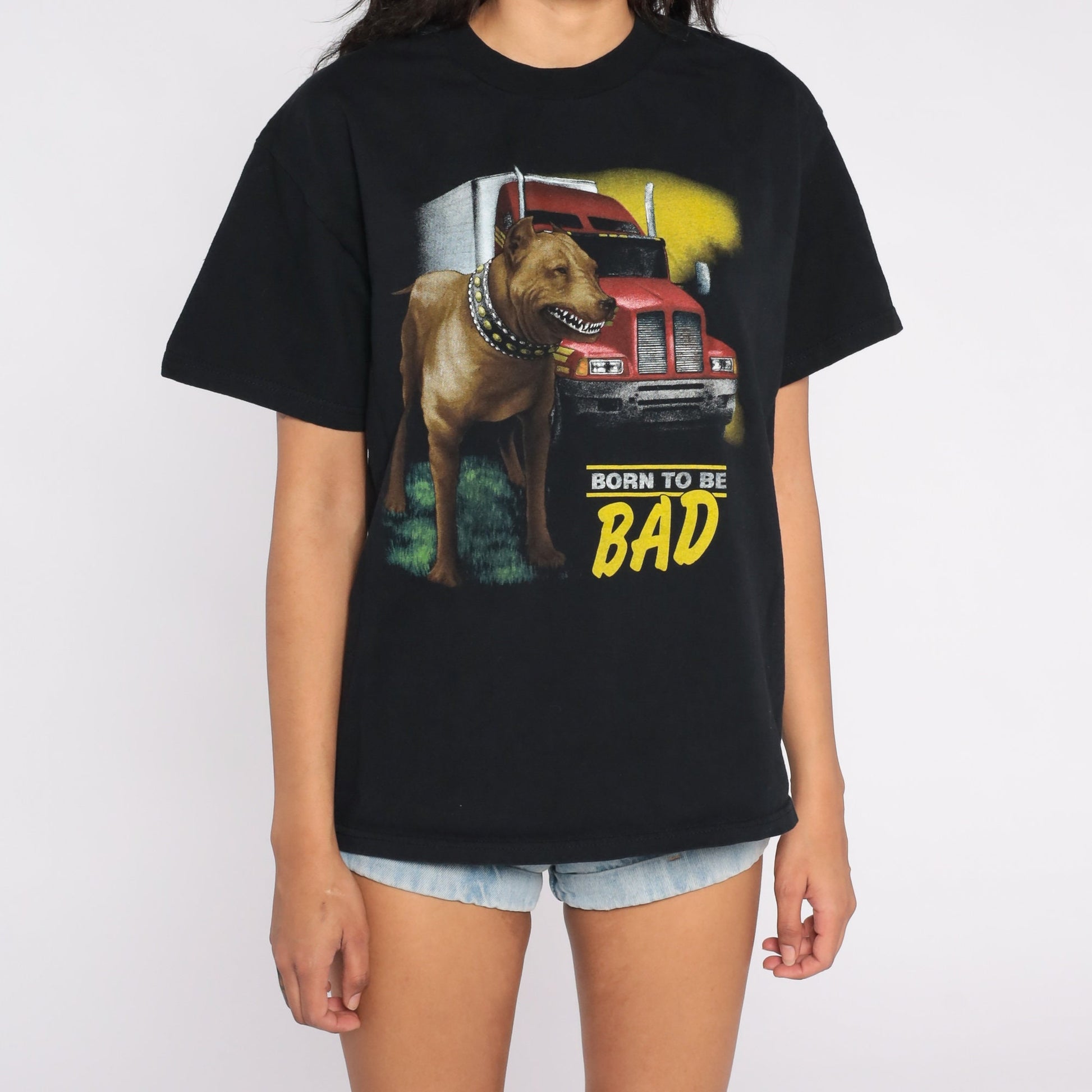 90s Guard Dog Born To Be Bad Graphic T-Shirt Black Trucker Medium