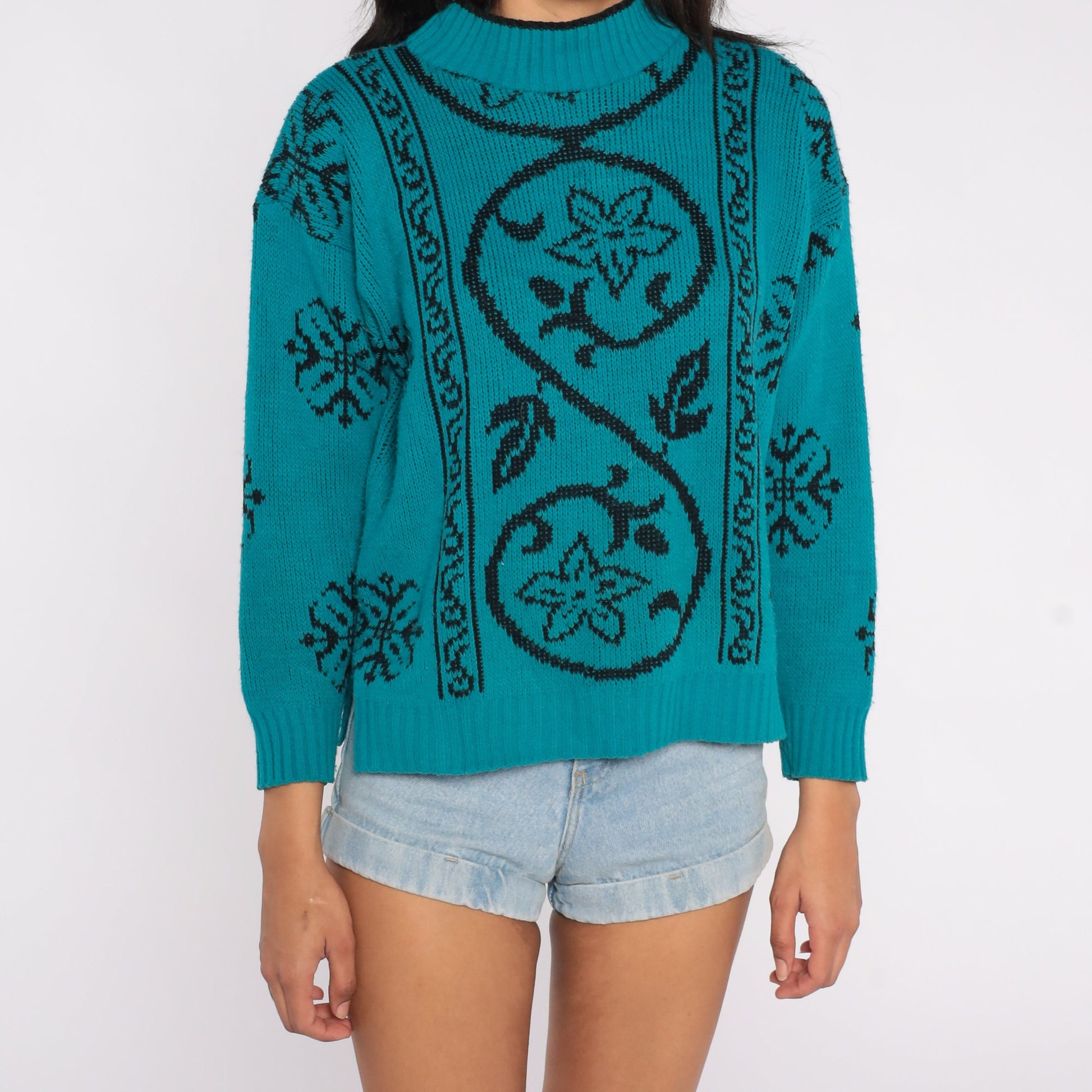 80s Teal Black Floral Knit Sweater Mock Neck Jacquard Pullover Large L