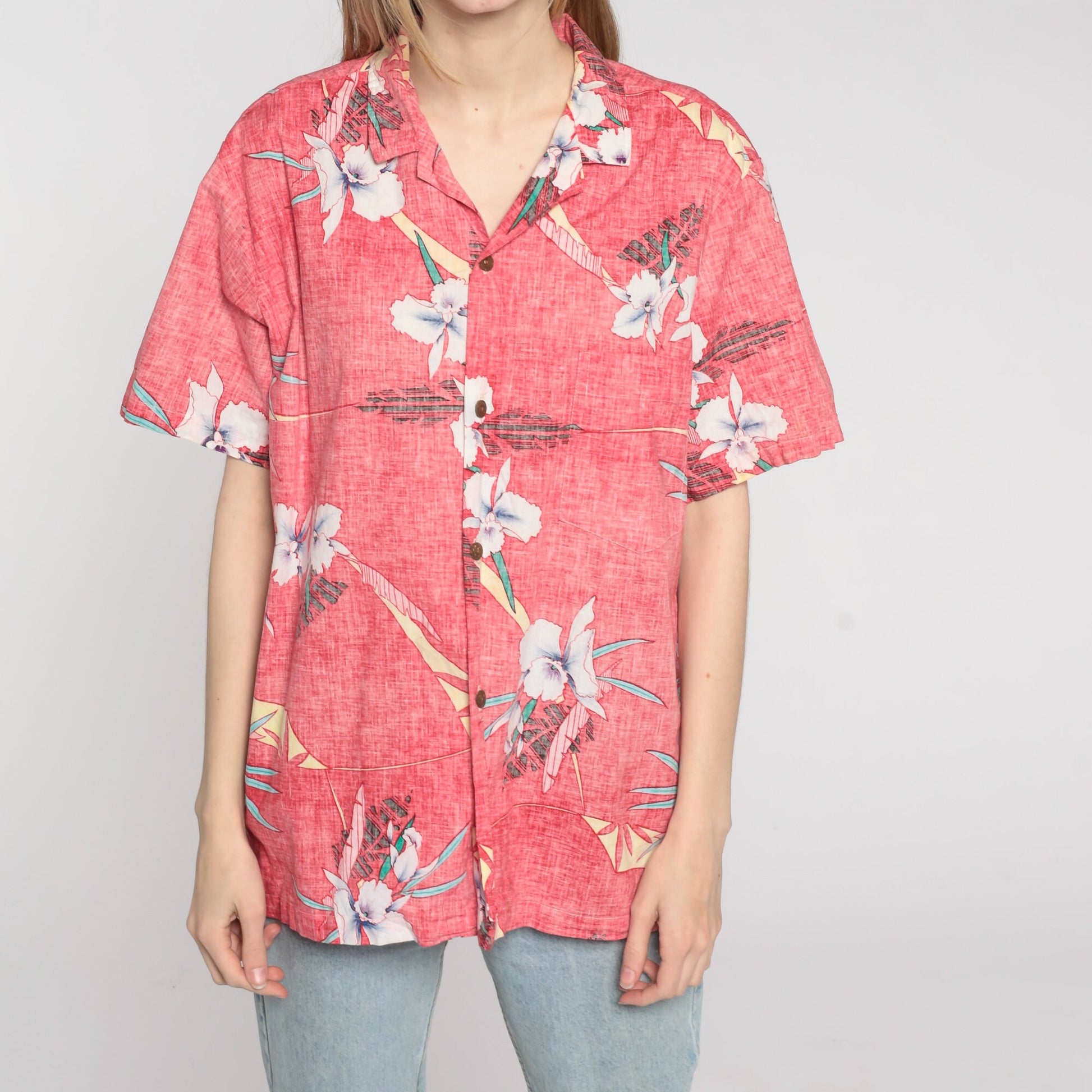 90s Tropical Floral Button-Up Shirt Faded Red Hawaiian Cotton Men's Large