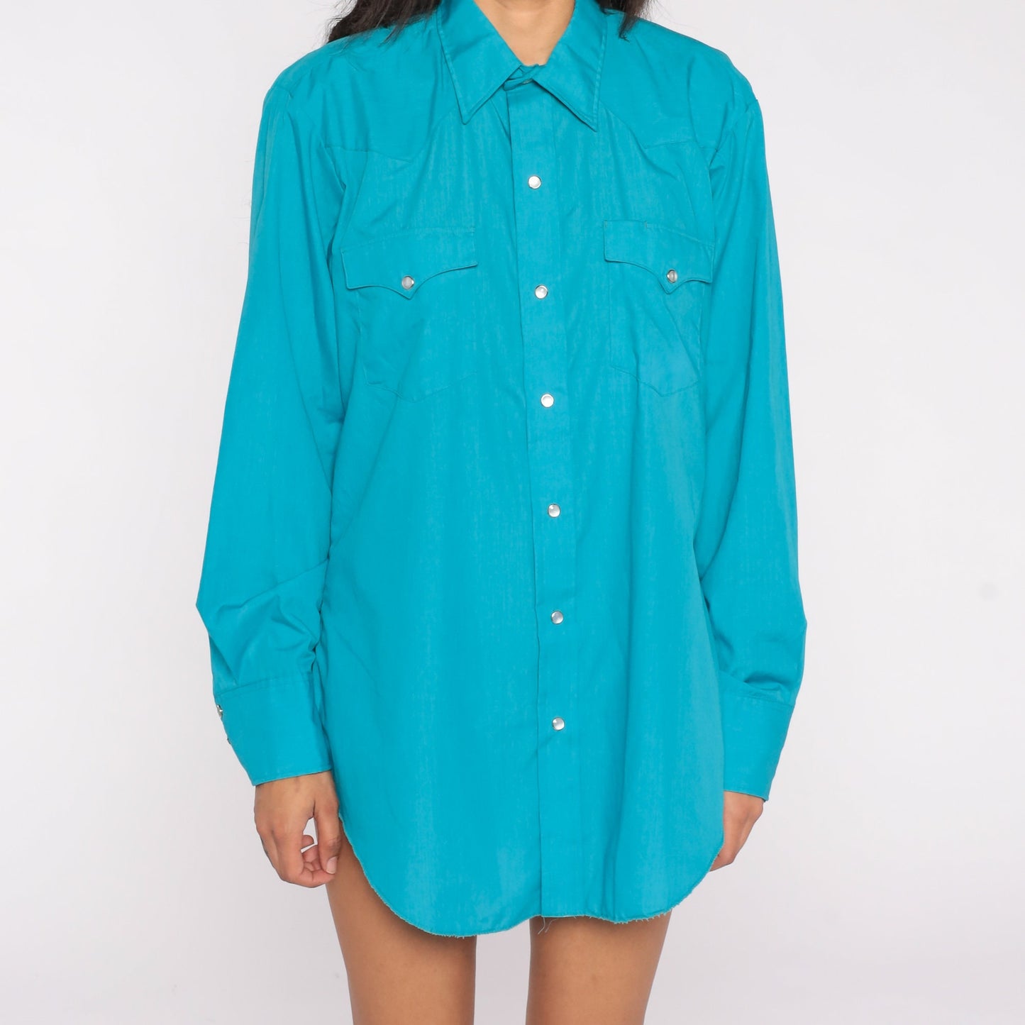 70s Turquoise Western Shirt Pearl Snap Dagger Collar Long Sleeve Men's Large