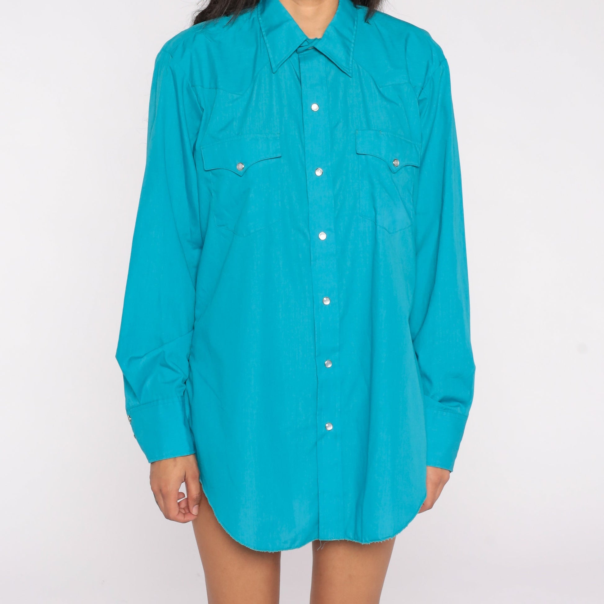 70s Turquoise Western Shirt Pearl Snap Dagger Collar Long Sleeve Men's Large