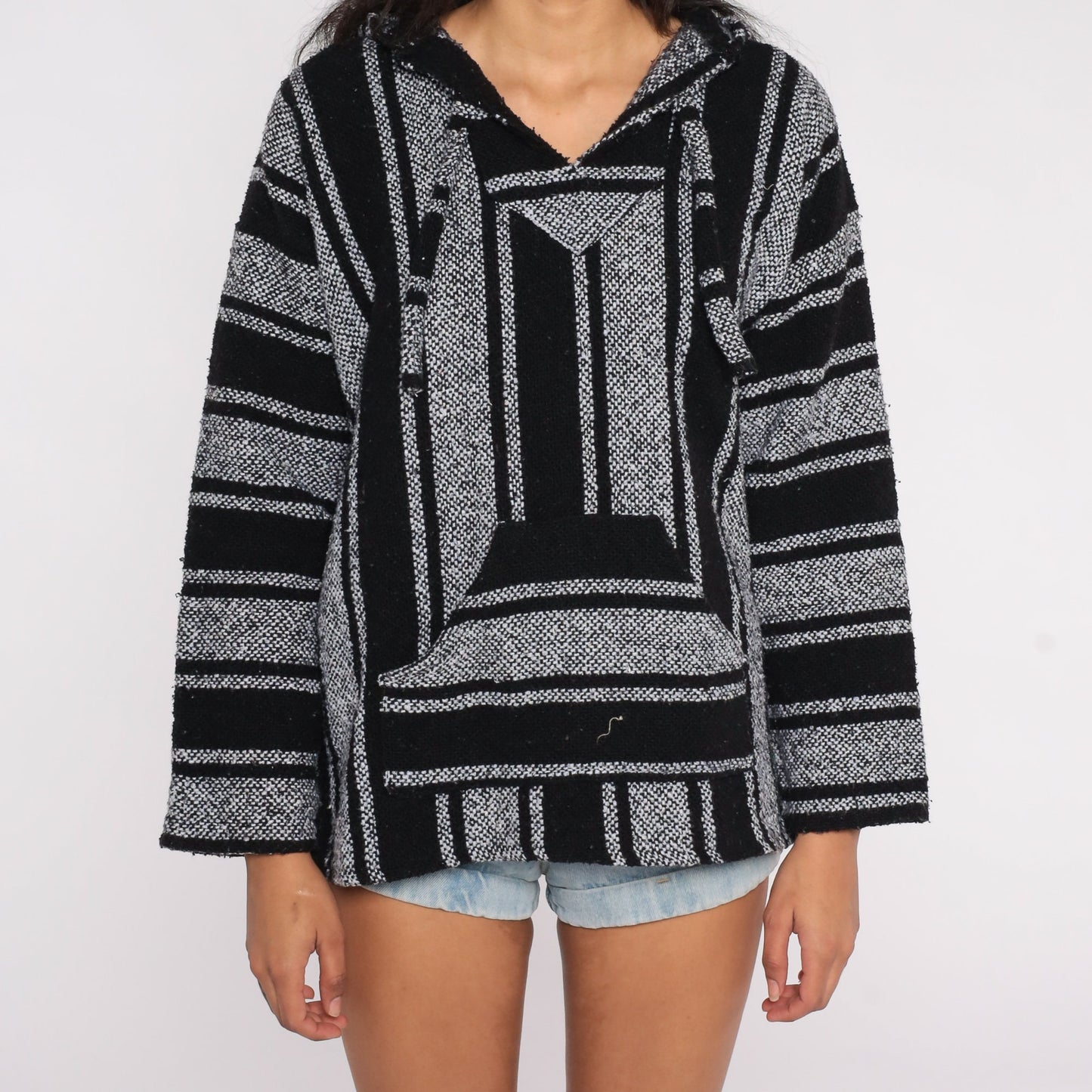 90s Mexican Baja Hoodie Black Grey Striped Kangaroo Pocket Large