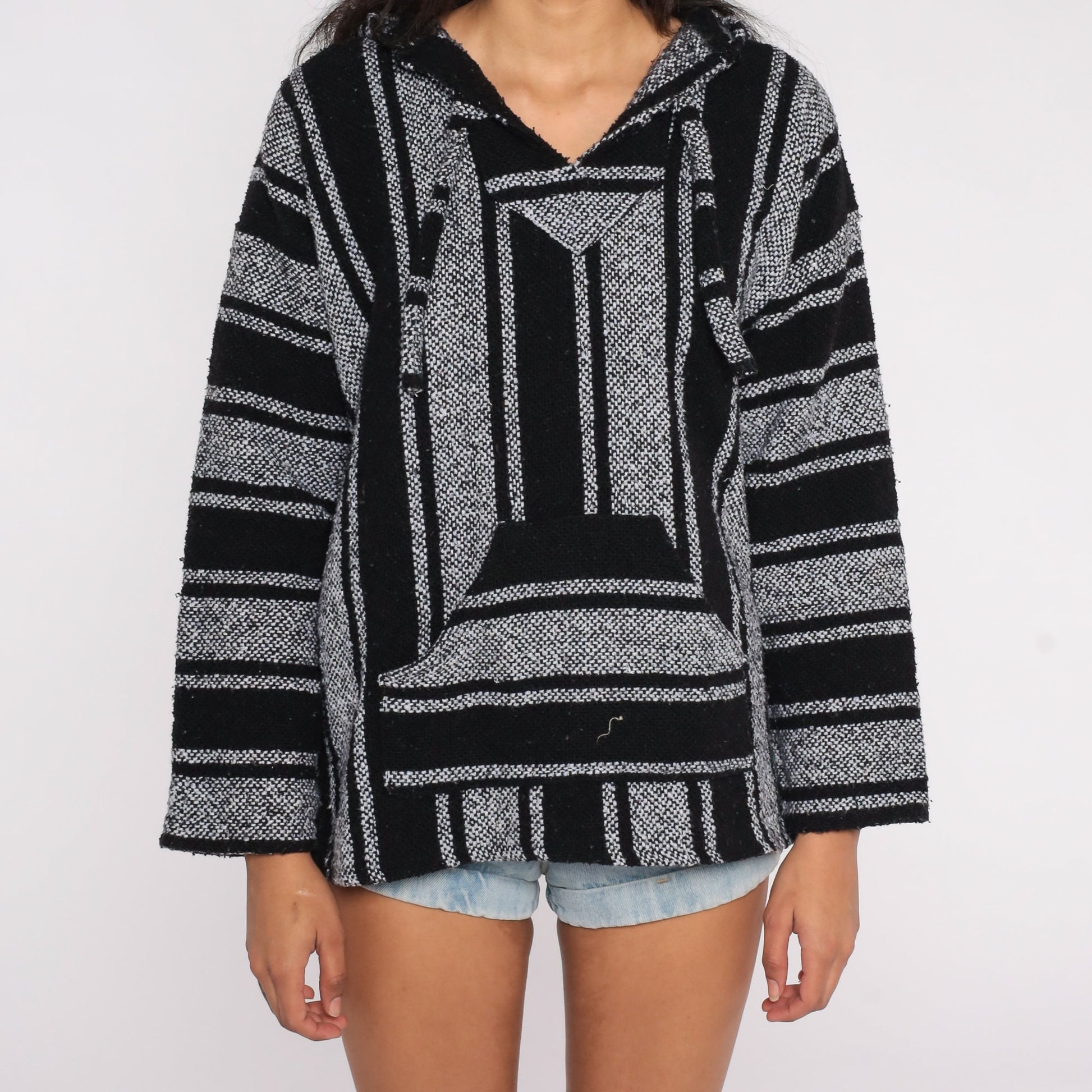 90s Mexican Baja Hoodie Black Grey Striped Kangaroo Pocket Large