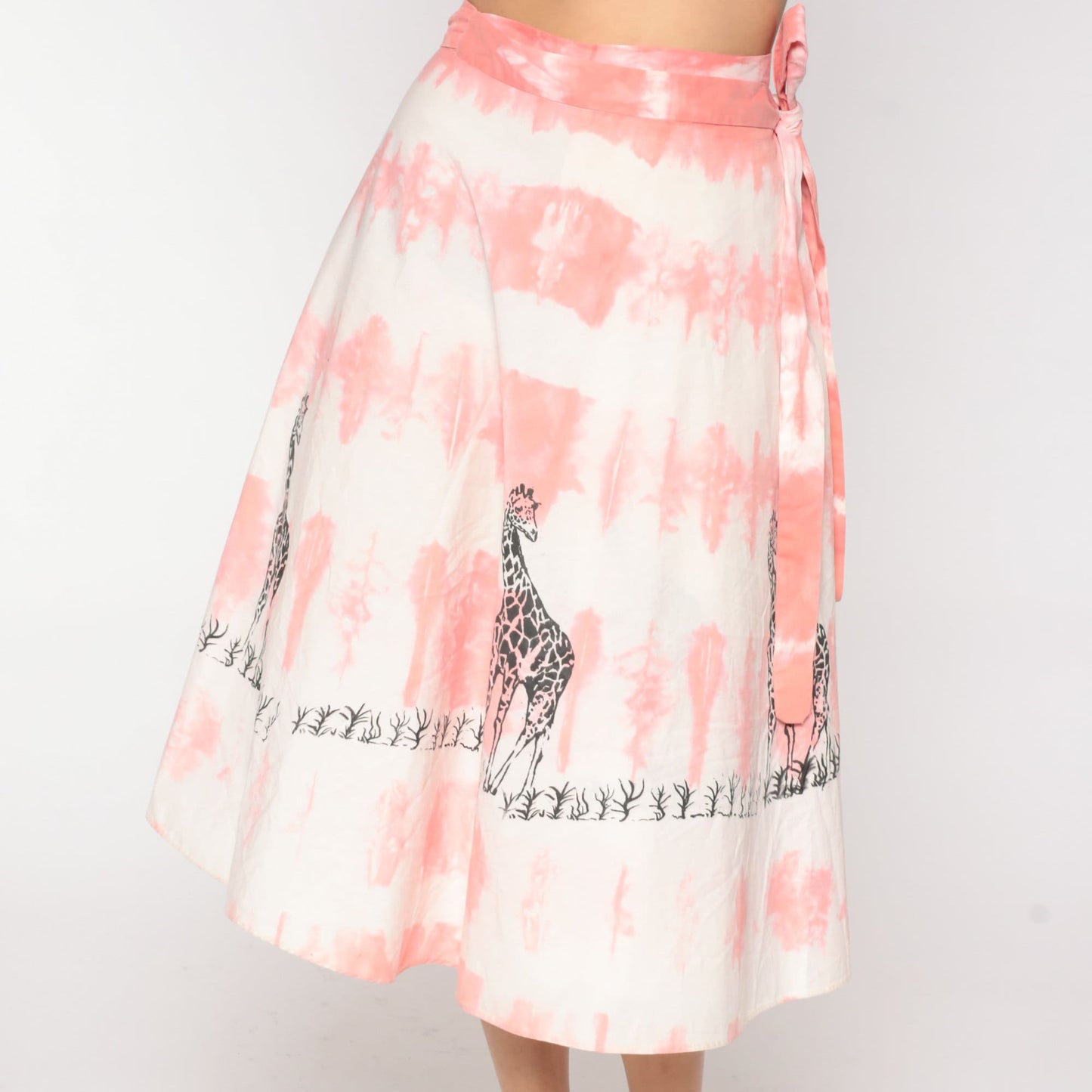 70s Tie Dye Giraffe Print Wrap Skirt Midi Pink High Waisted Small