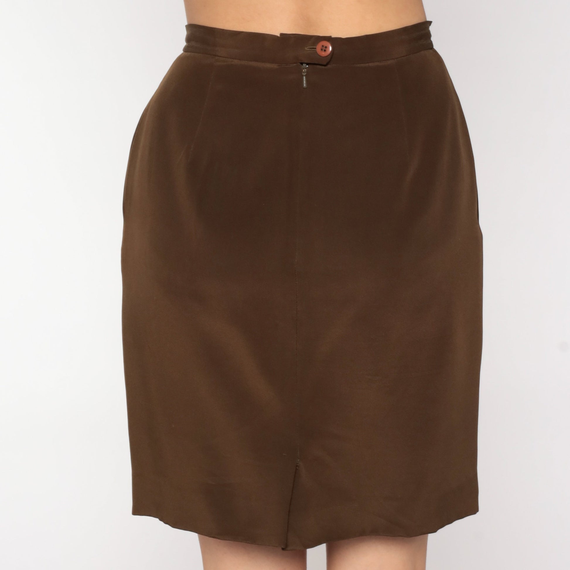 80s Brown Silk Pencil Skirt High Waist Mini Small 6
