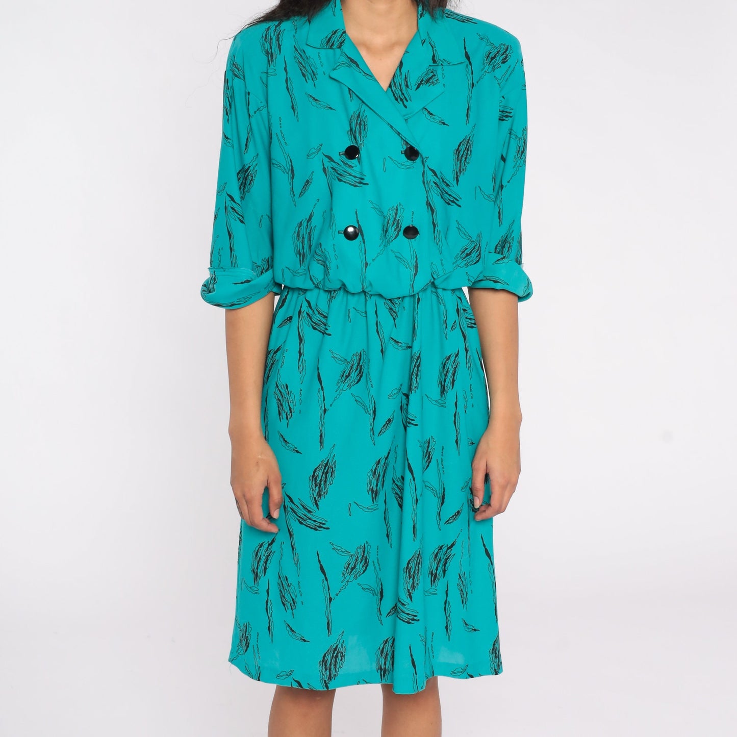 80s Abstract Print Shirt Dress Midi Double Breasted High Waist Teal Medium M