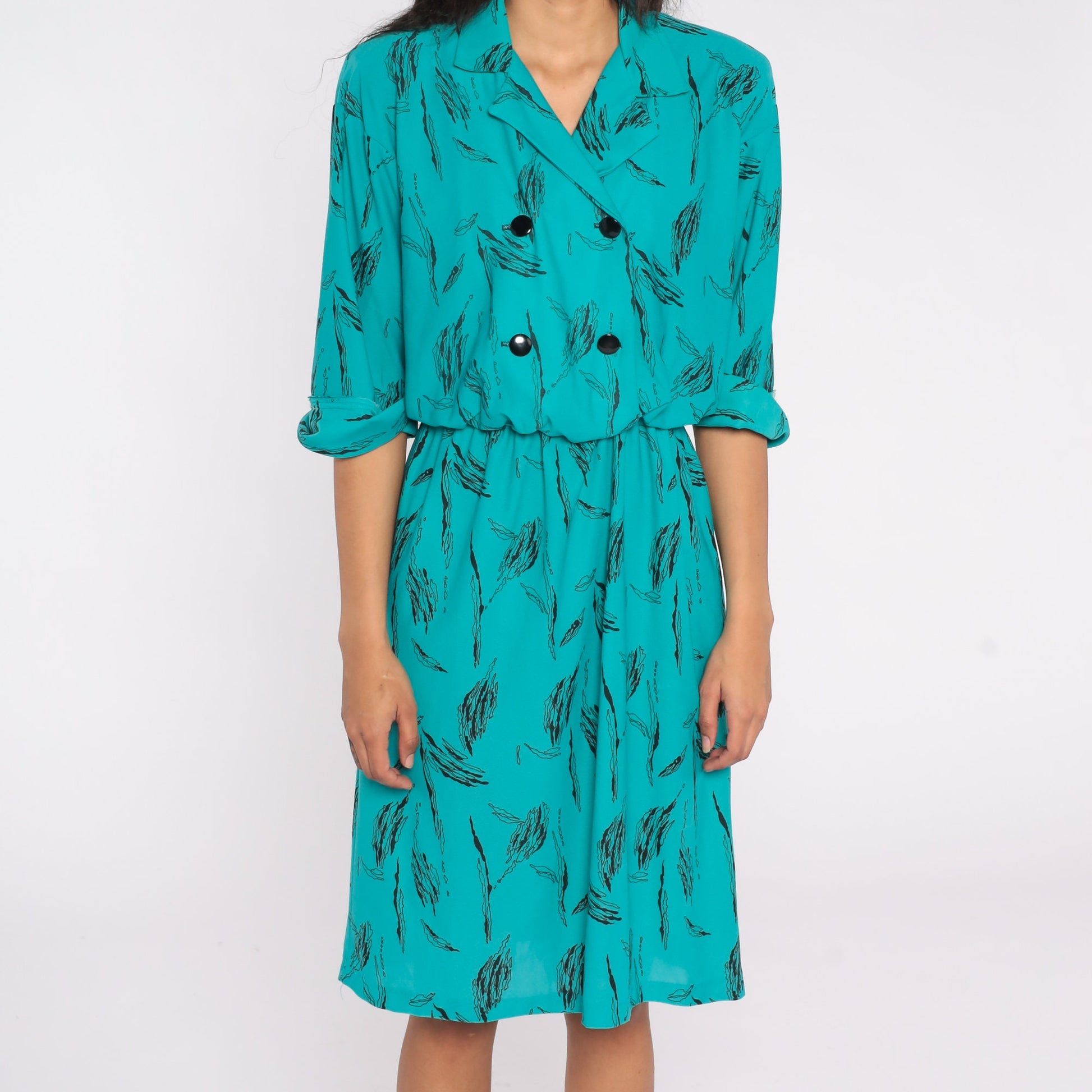 80s Abstract Print Shirt Dress Midi Double Breasted High Waist Teal Medium M
