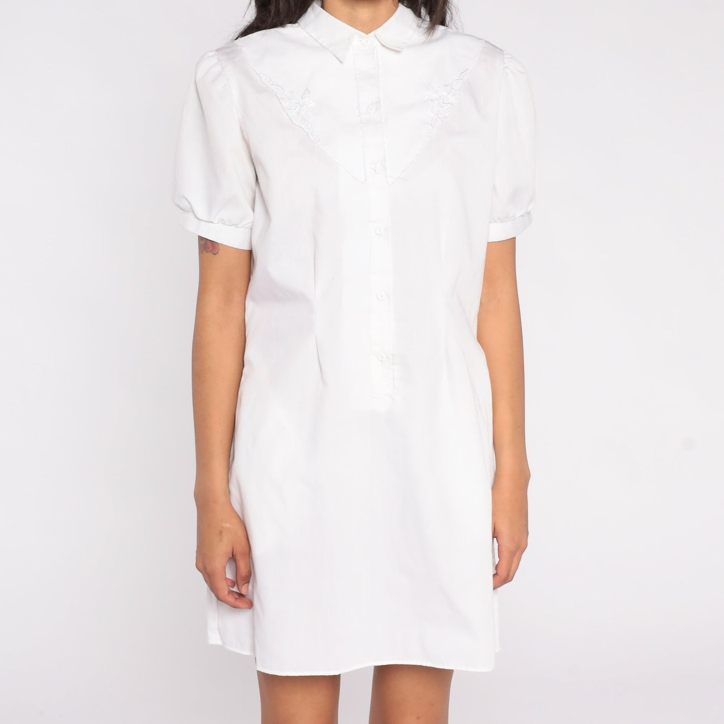 80s White Mini Dress Puff Sleeve Collar Floral Embroidered Button-Up Medium M