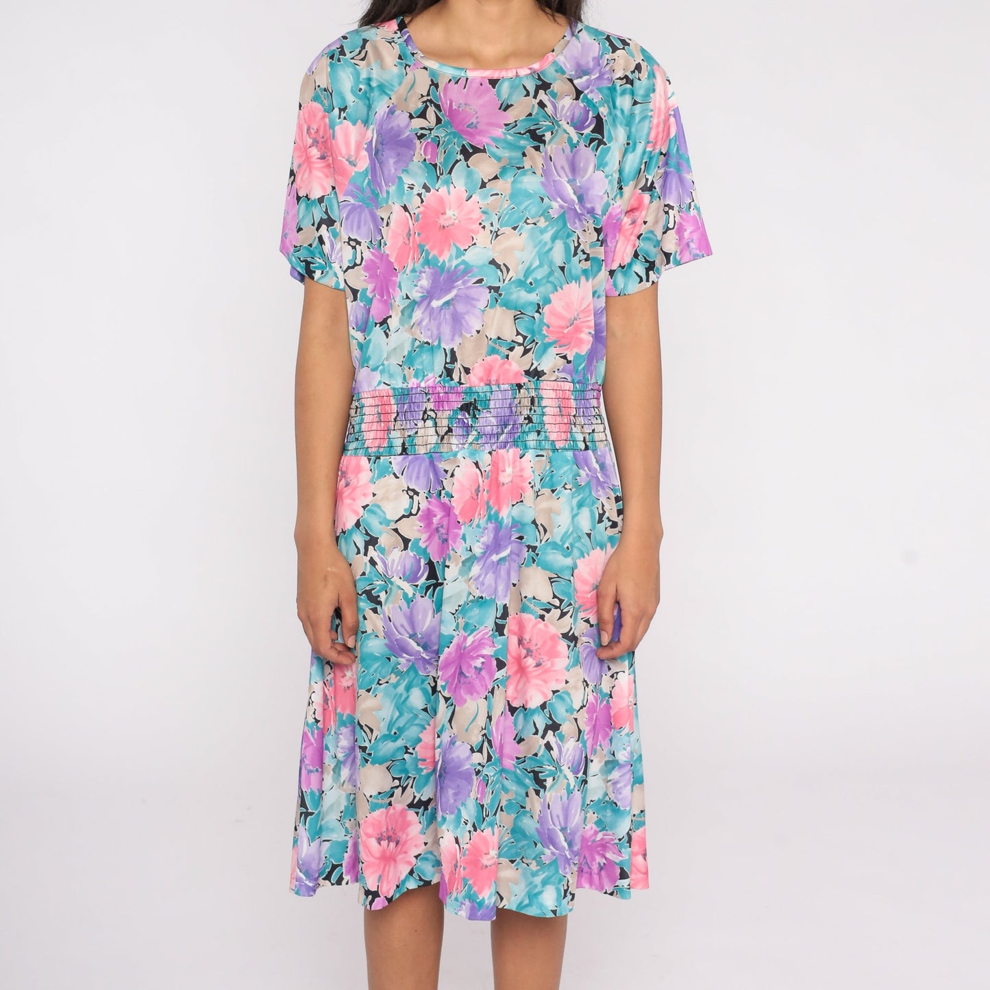 80s Floral Midi Dress Elastic Waist Short Sleeve Blouson Large L