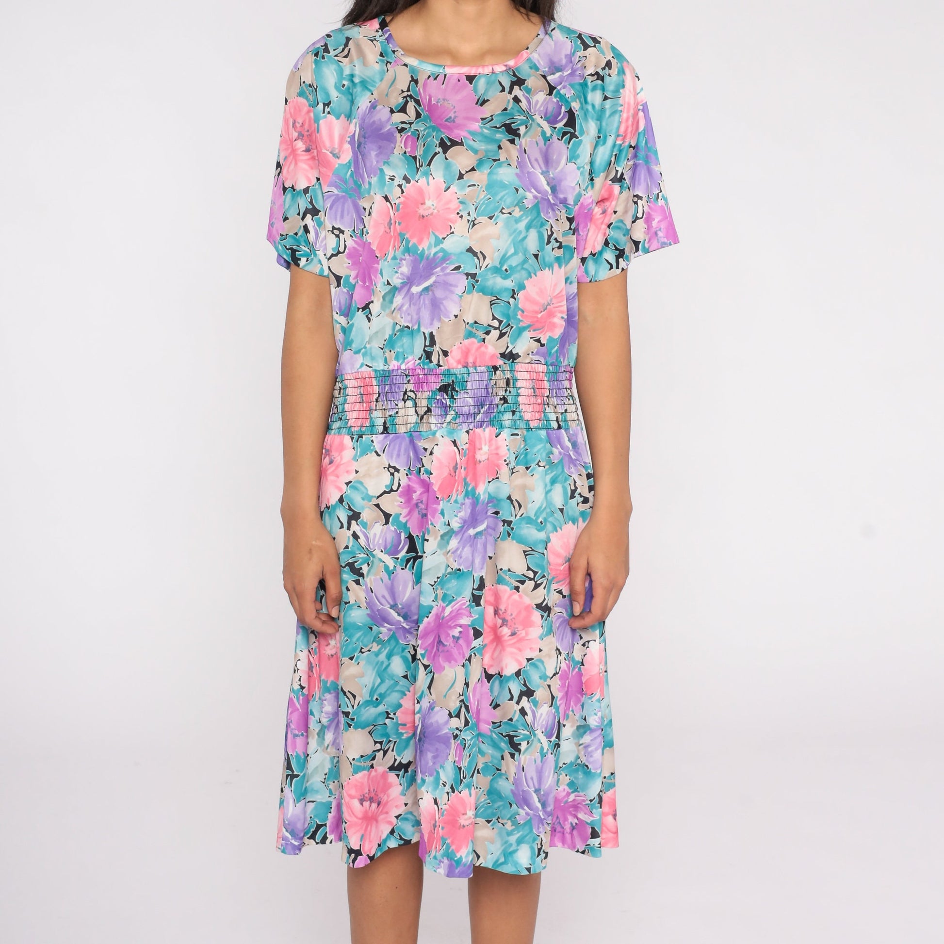 80s Floral Midi Dress Elastic Waist Short Sleeve Blouson Large L