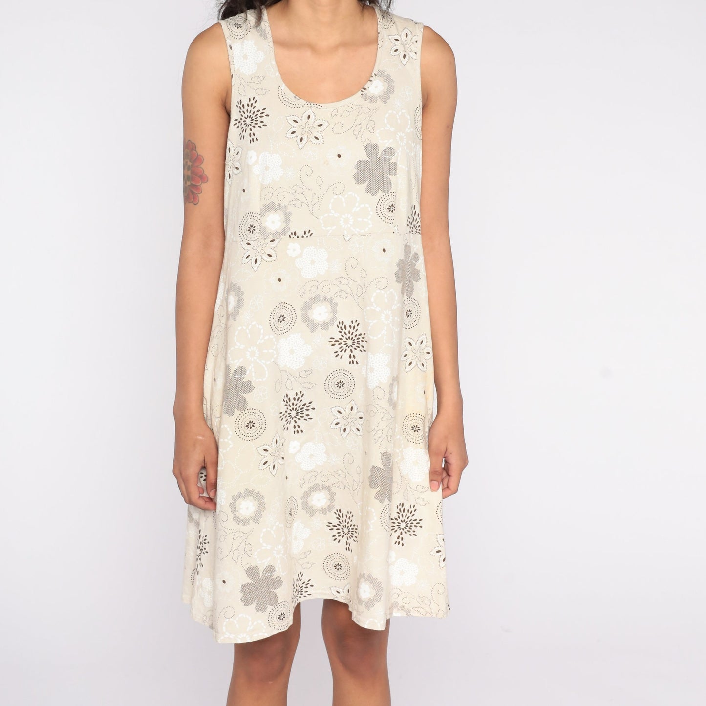 Y2K Floral Mini Dress Beige Empire Waist Sleeveless Large L