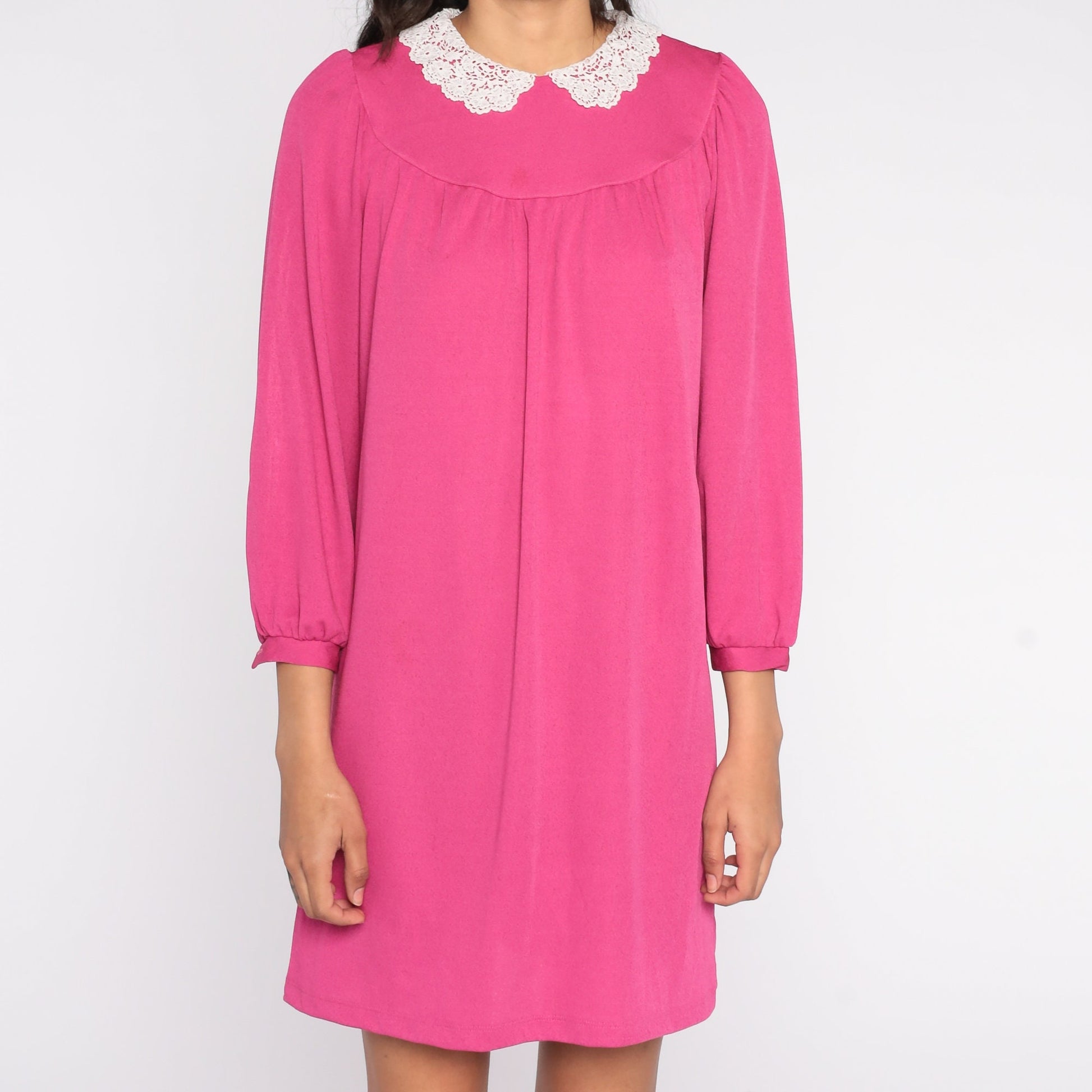 80s Pink Mini Dress Long Sleeve Lace Collar Tent Cut Medium M