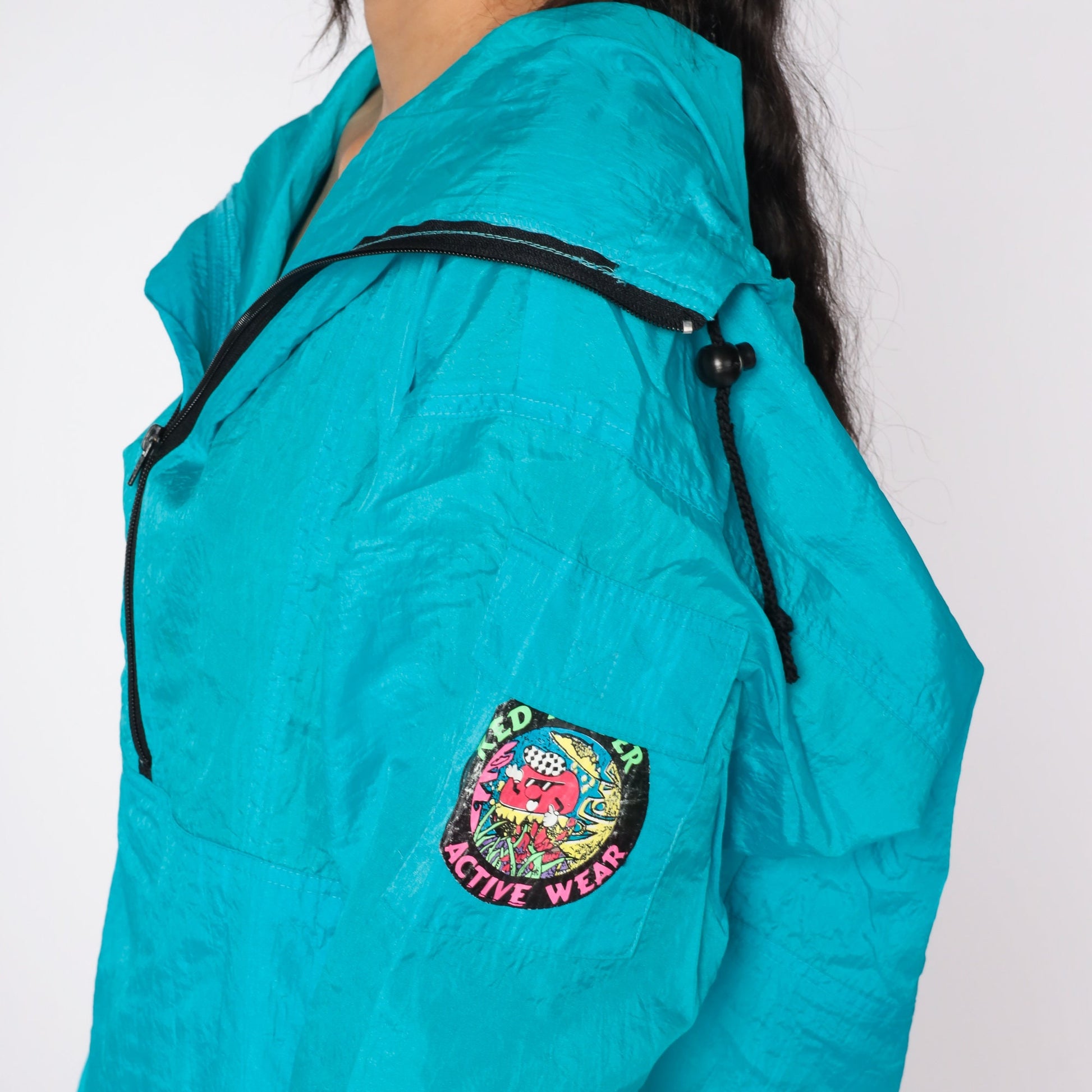 90s Turquoise Shiny Windbreaker Jacket Quarter Zip Hood Red Pepper Medium M