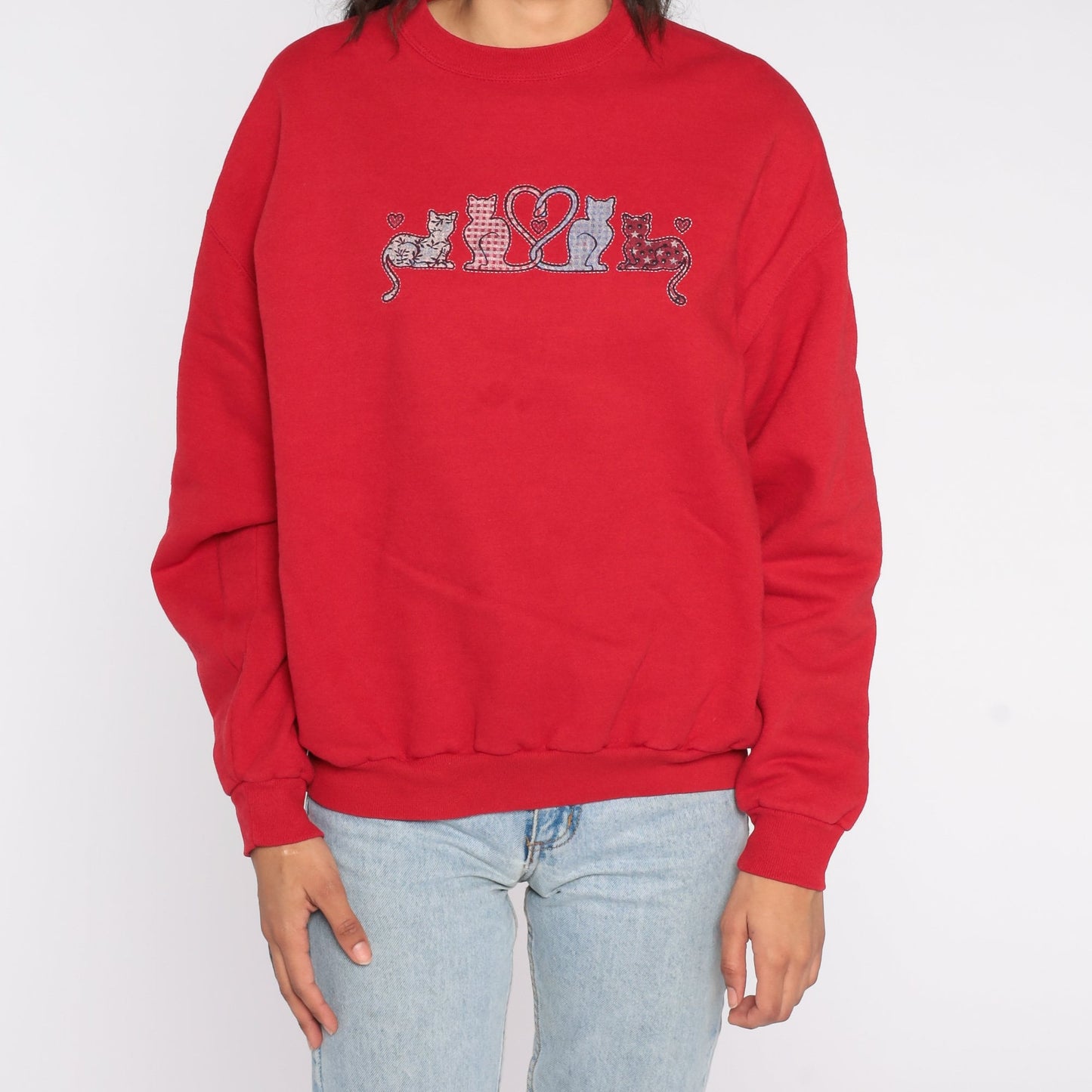 Y2K Cat Graphic Sweatshirt Red Crewneck Pullover Large L