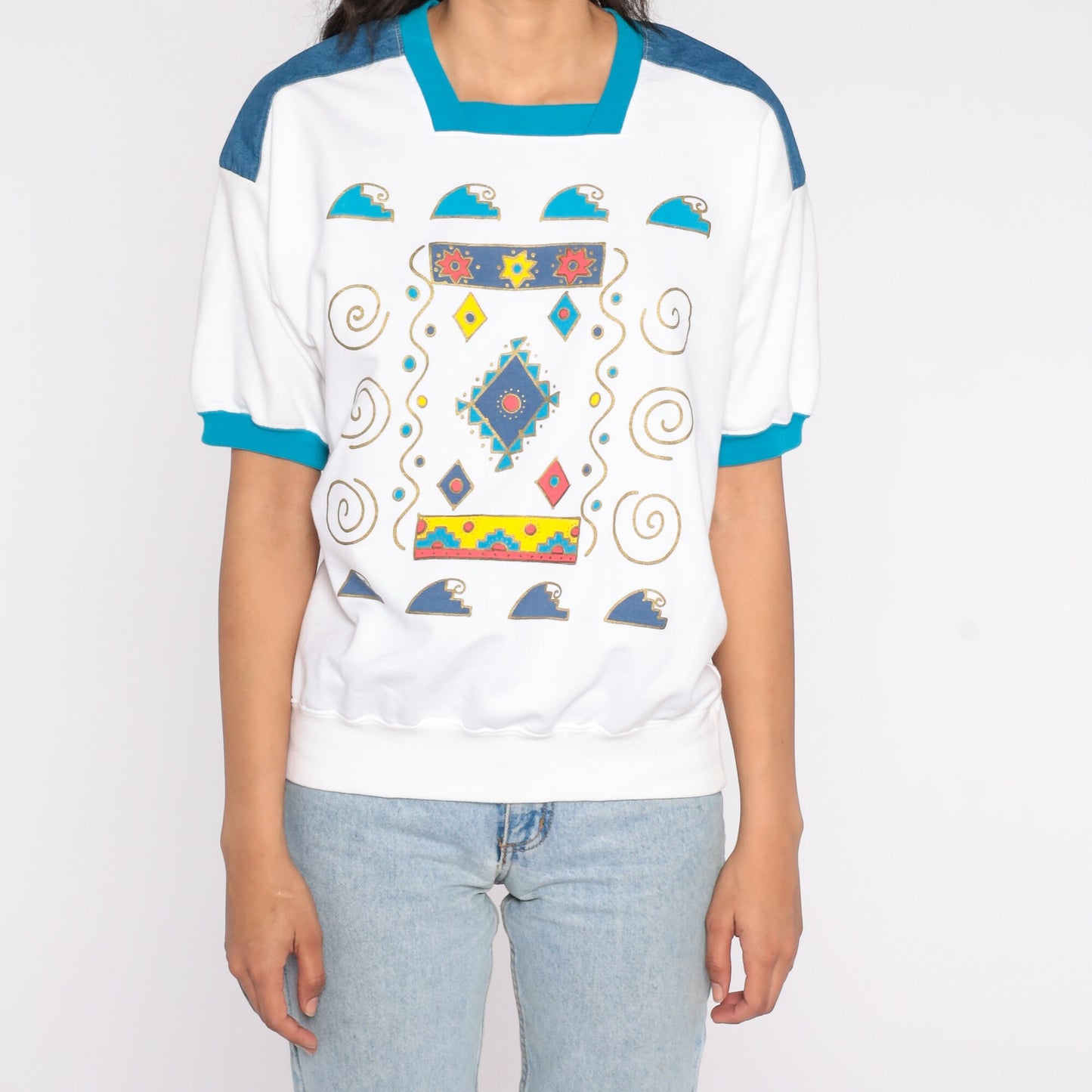 80s Southwestern Geometric Wave Ringer Tee Denim Shoulder Medium
