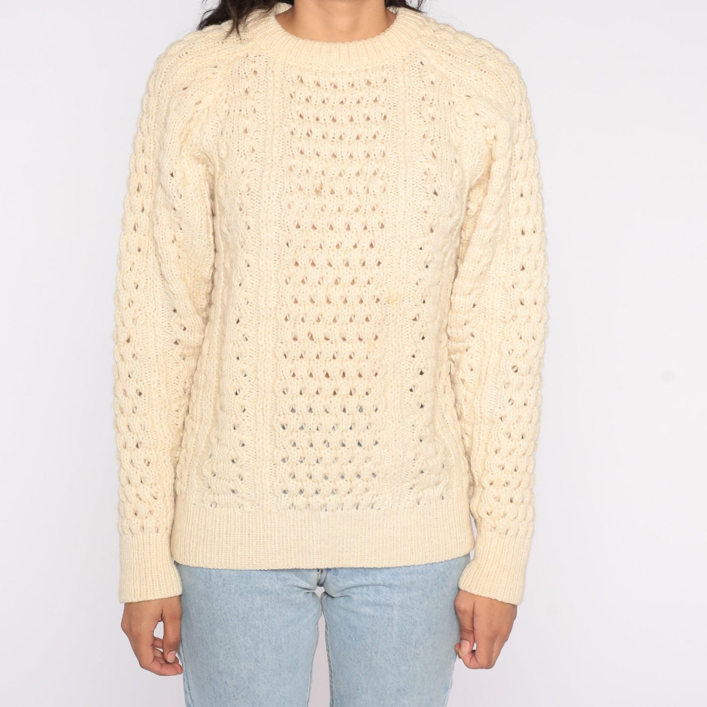 80s Cream Wool Cable Knit Raglan Sweater Fisherman Pullover Medium