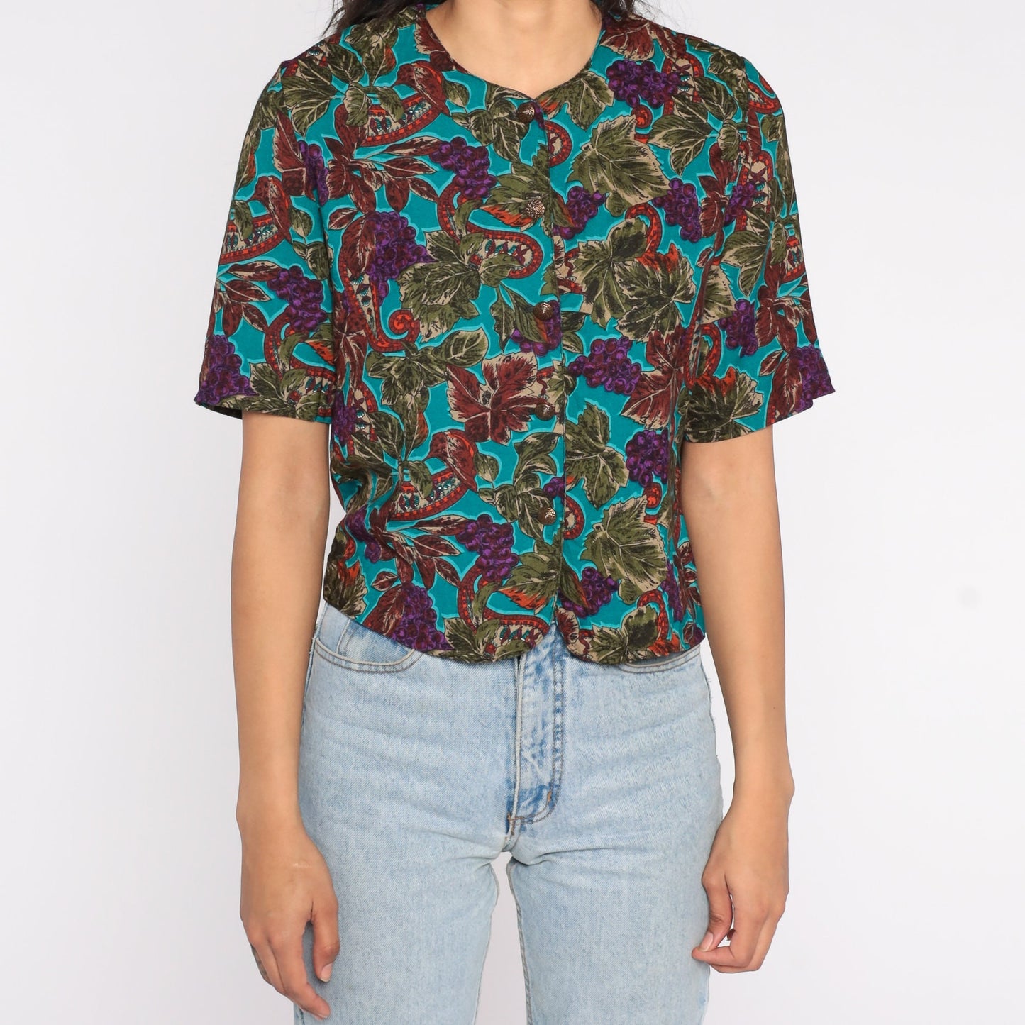 90s Paisley Grape Vine Button-Up Blouse Short Sleeve Purple Small