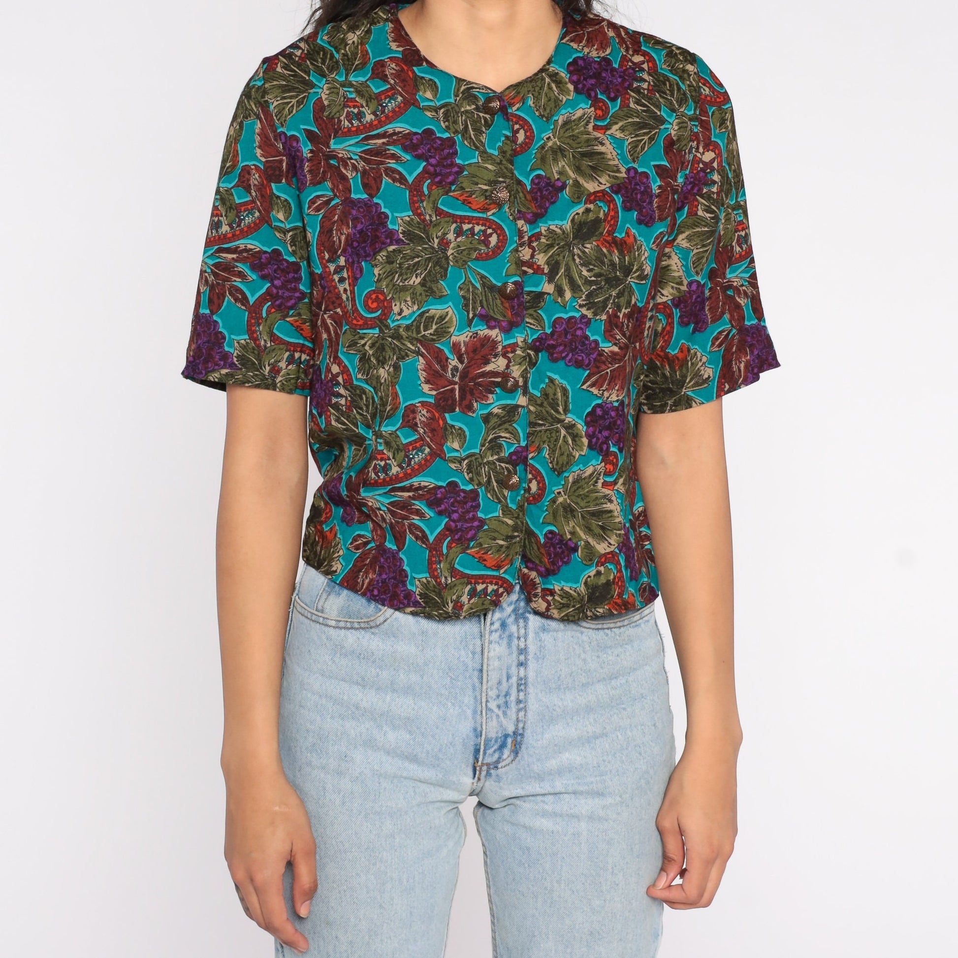 90s Paisley Grape Vine Button-Up Blouse Short Sleeve Purple Small